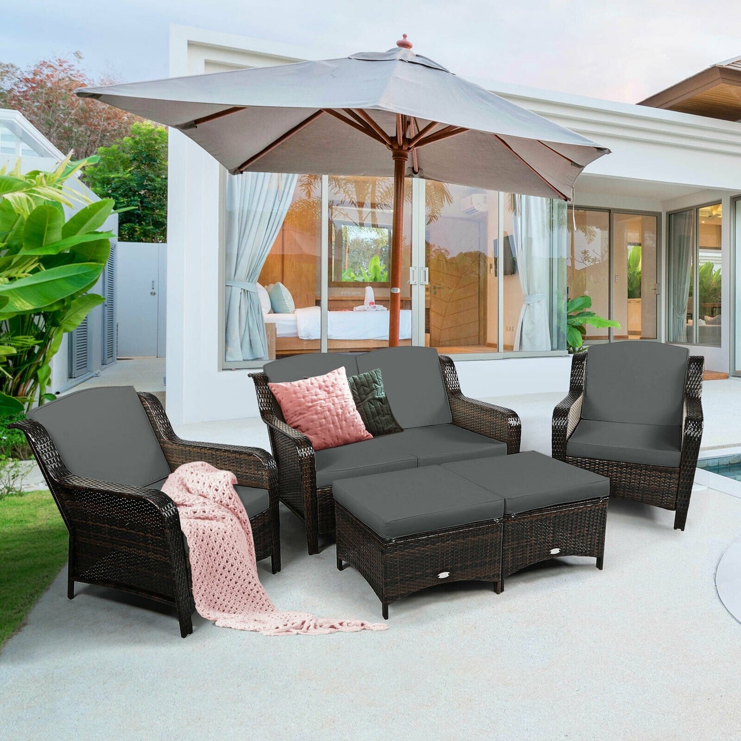 5 Pieces Patio Rattan Sofa Set with Cushion and Ottoman, Gray - Gallery Canada