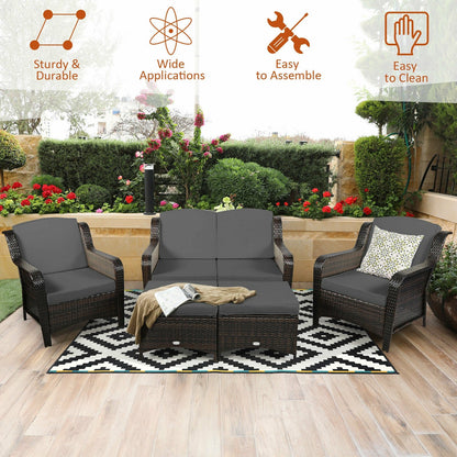 5 Pieces Patio Rattan Sofa Set with Cushion and Ottoman, Gray - Gallery Canada