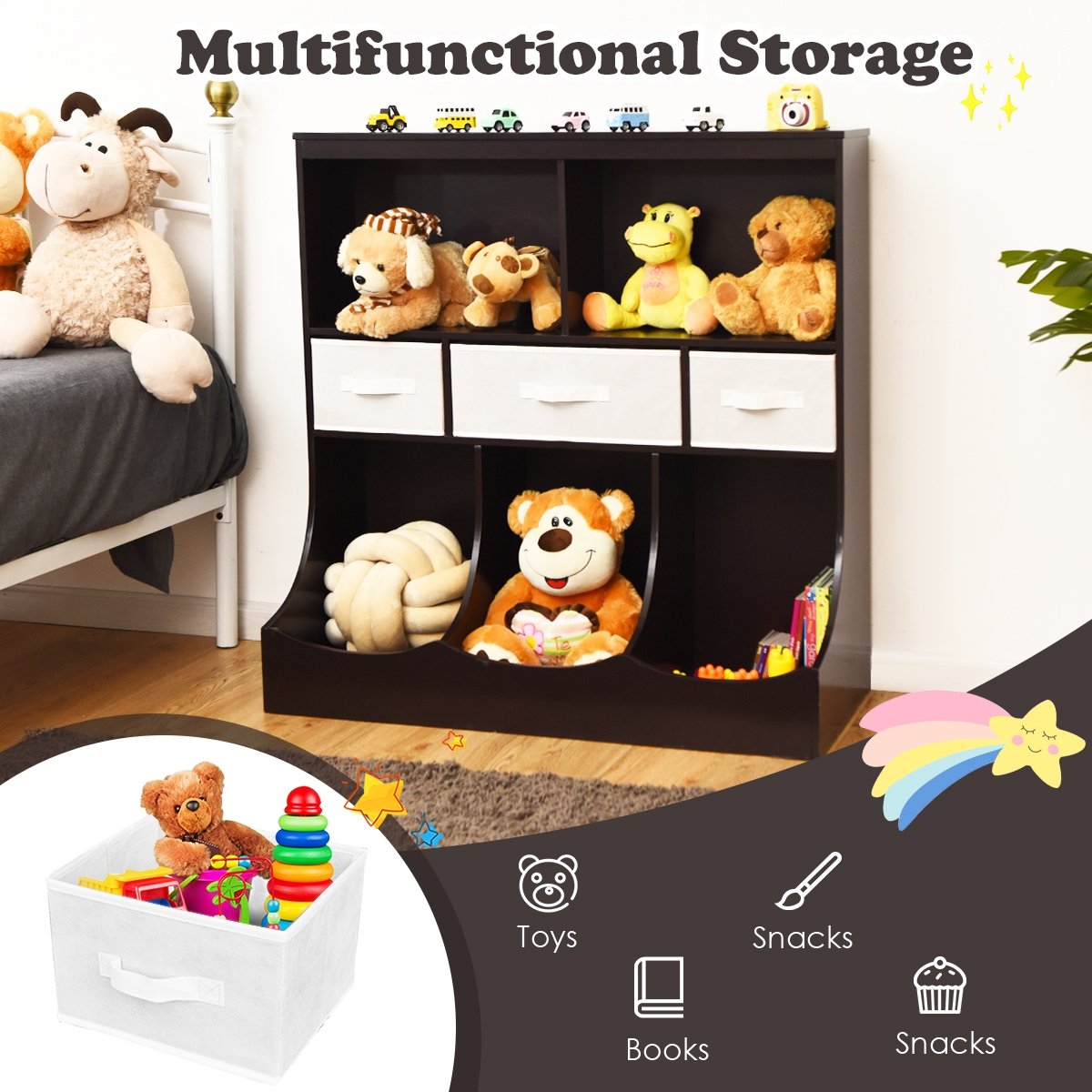 Freestanding Combo Cubby Bin Storage Organizer Unit W/3 Baskets, Brown Kids Storage   at Gallery Canada