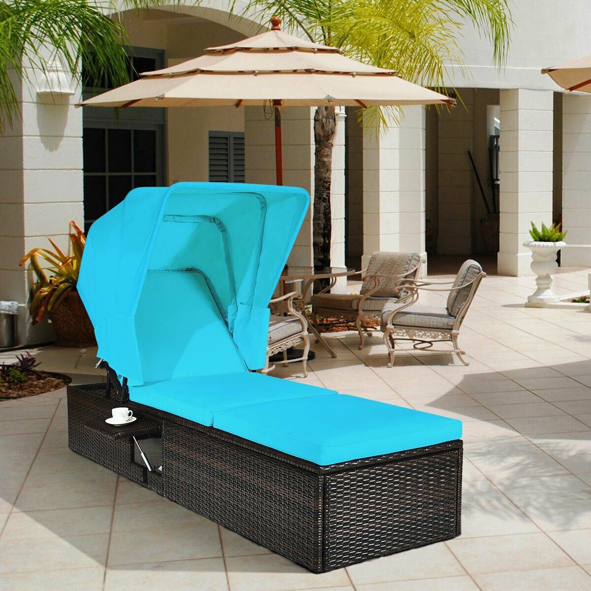 Outdoor Chaise Lounge Chair with Folding Canopy, Turquoise Outdoor Chaise Lounges   at Gallery Canada