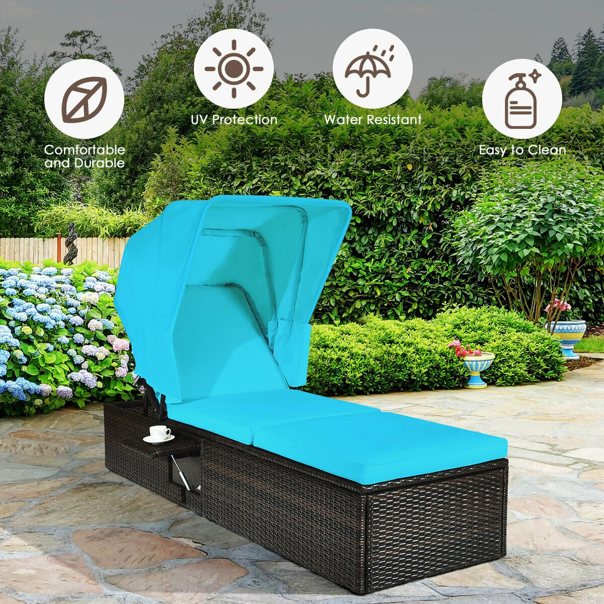 Outdoor Chaise Lounge Chair with Folding Canopy, Turquoise Outdoor Chaise Lounges   at Gallery Canada