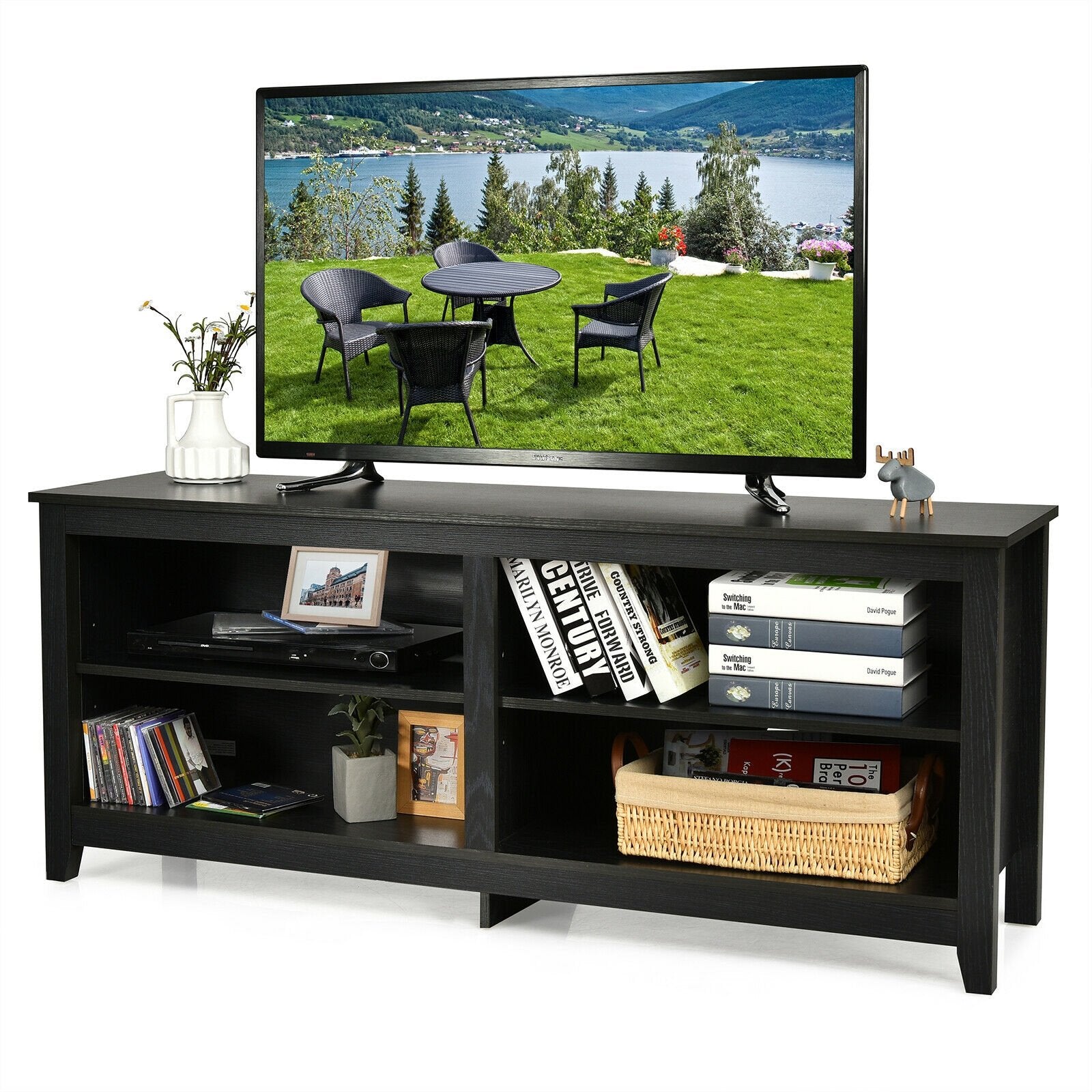 4-Cubby TV Stand for TV's up to 65 Inch with 3-Position Height Adjustable Shelf, Black - Gallery Canada