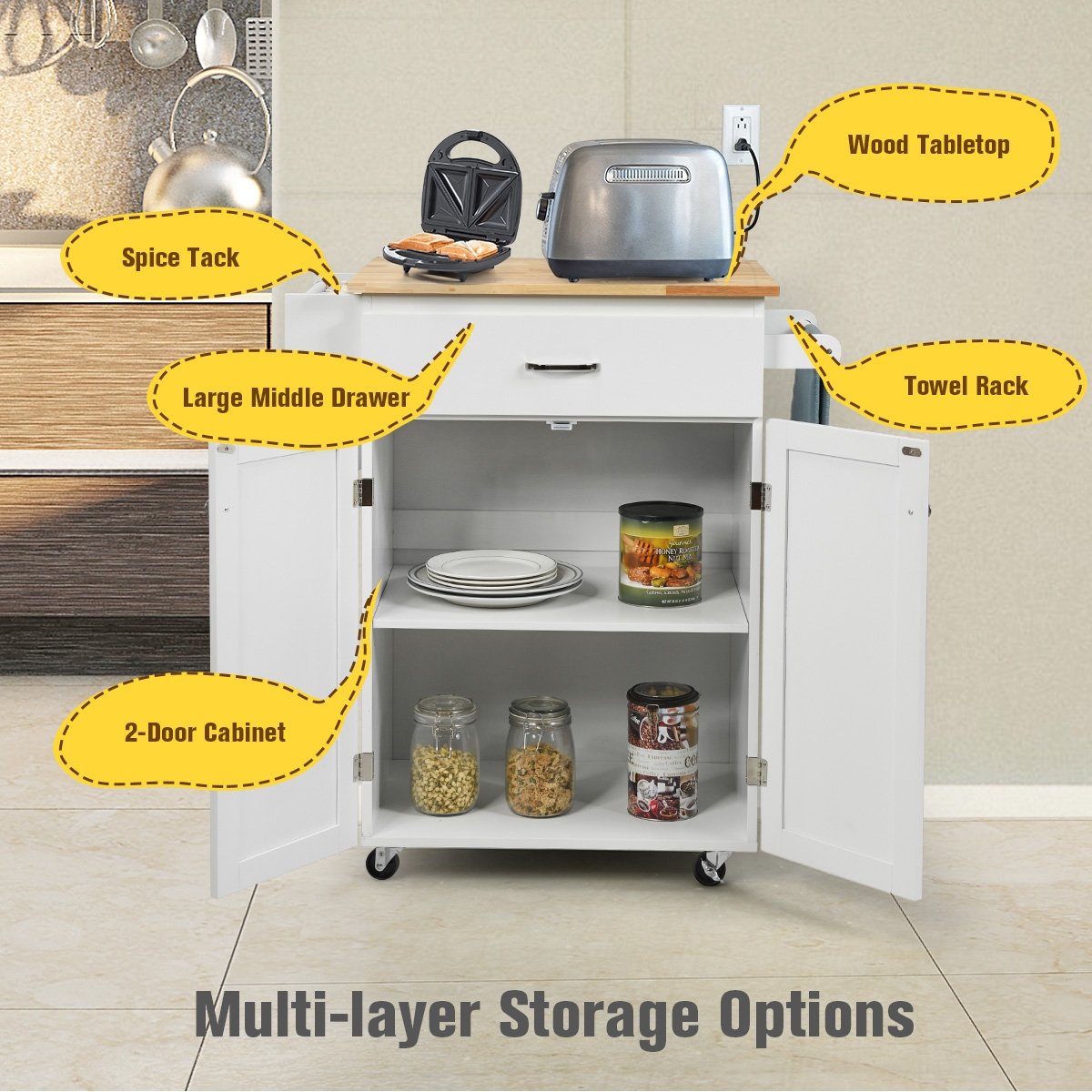 Utility Rolling Storage Cabinet Kitchen Island Cart with Spice Rack, White Kitchen Islands & Carts   at Gallery Canada