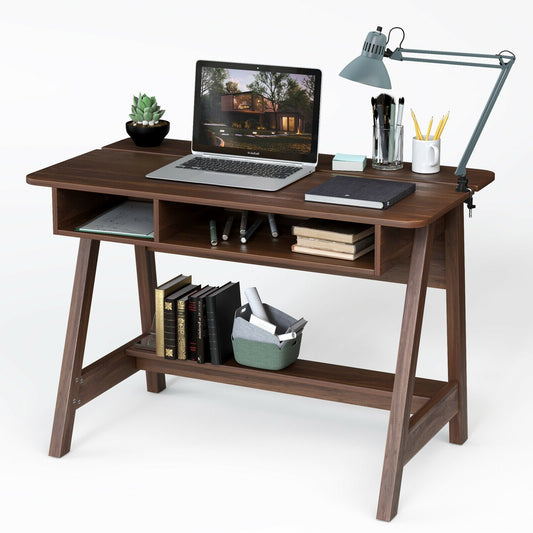 Mid Century Writing Desk with Storage Cubes and Hidden Compartment, Rustic Brown - Gallery Canada