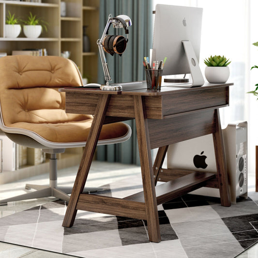 Mid Century Writing Desk with Storage Cubes and Hidden Compartment, Rustic Brown - Gallery Canada