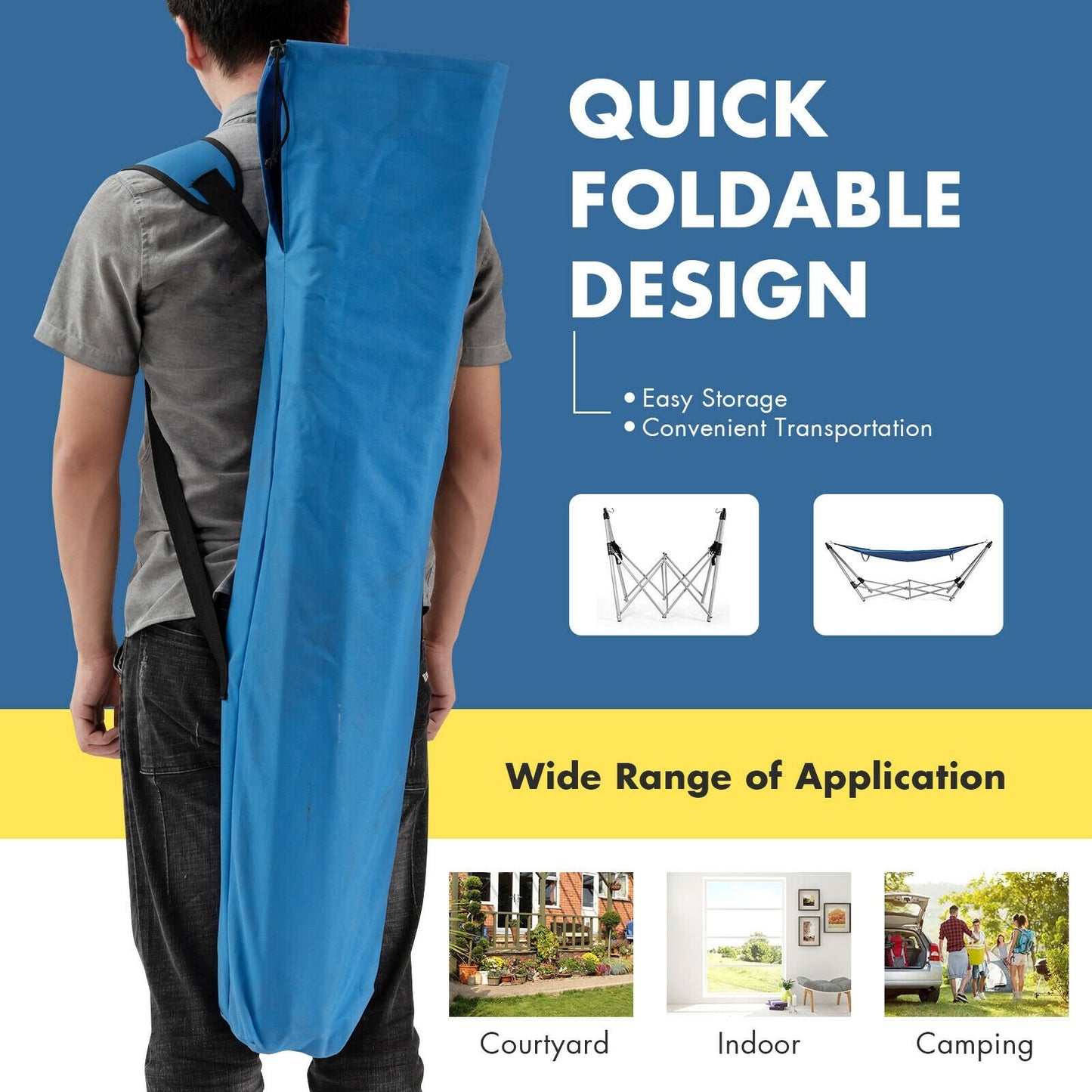 Portable Folding Steel Frame Hammock with Bag, Blue - Gallery Canada