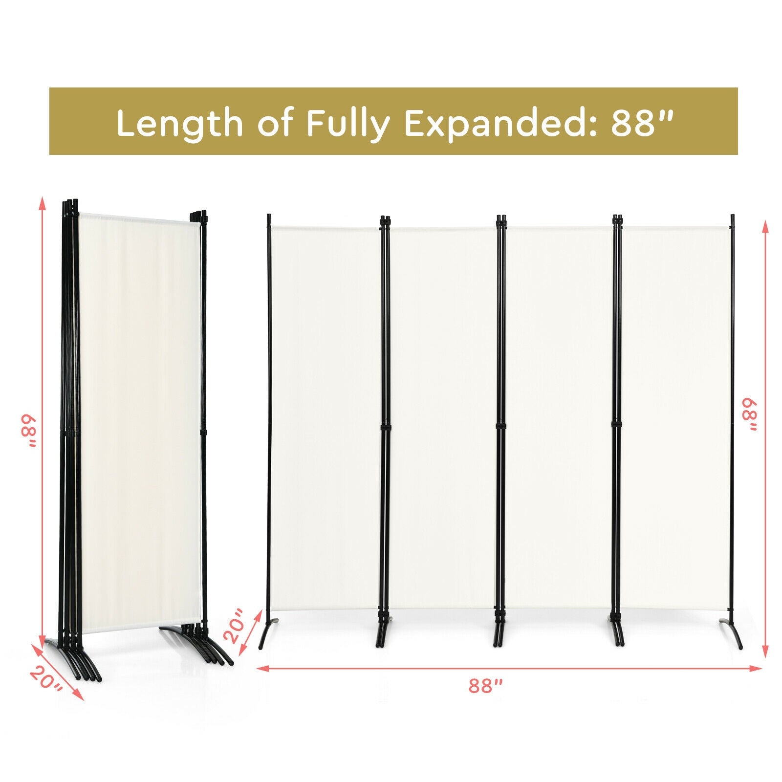 4-Panel Room Divider with Steel Frame, White Room Dividers at Gallery Canada