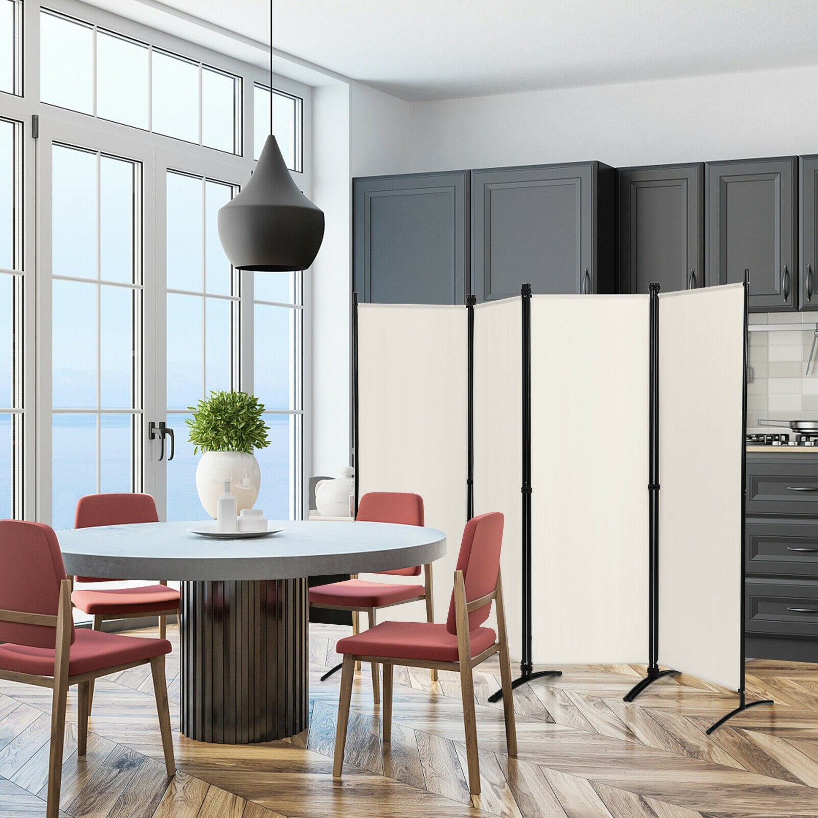 4-Panel Room Divider with Steel Frame, White Room Dividers at Gallery Canada