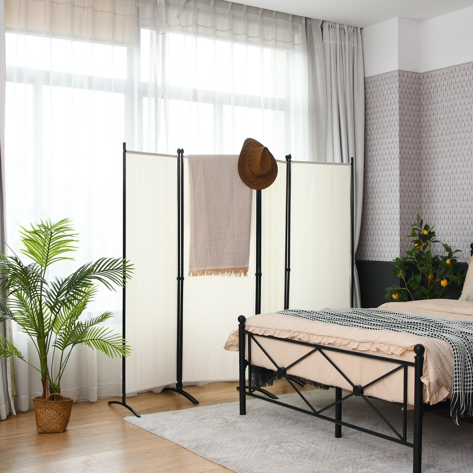 4-Panel Room Divider with Steel Frame, White Room Dividers at Gallery Canada