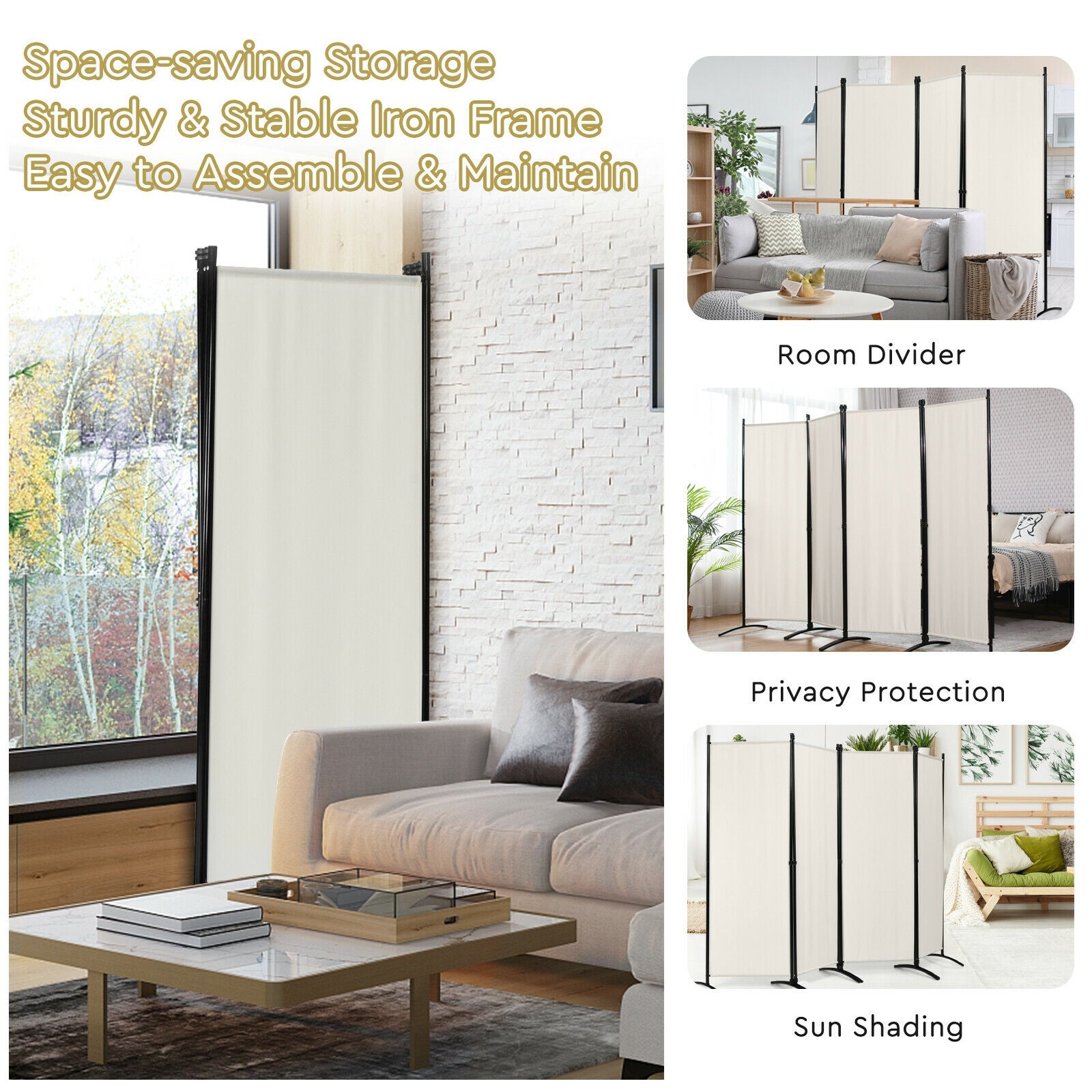 4-Panel Room Divider with Steel Frame, White Room Dividers at Gallery Canada