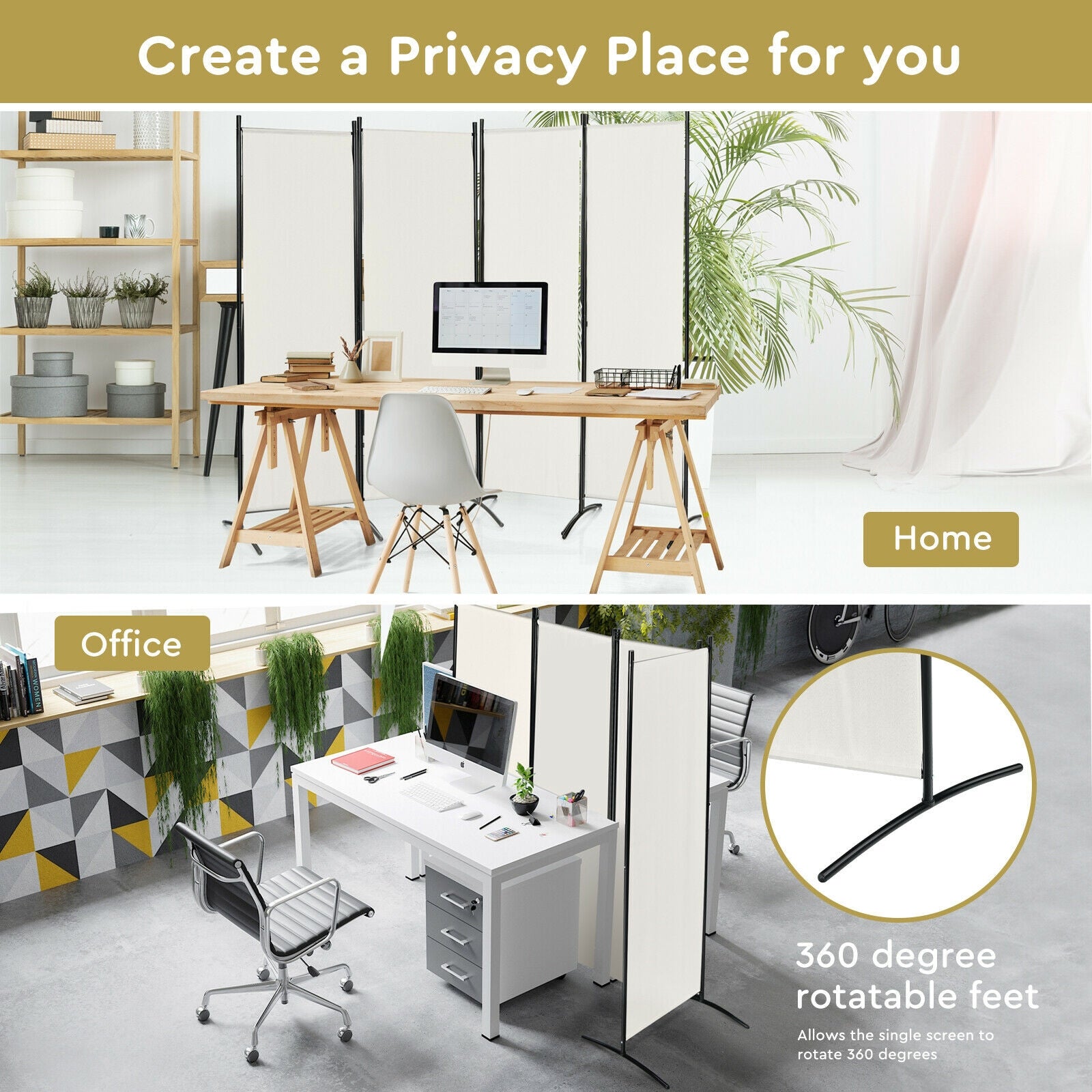 4-Panel Room Divider with Steel Frame, White Room Dividers at Gallery Canada