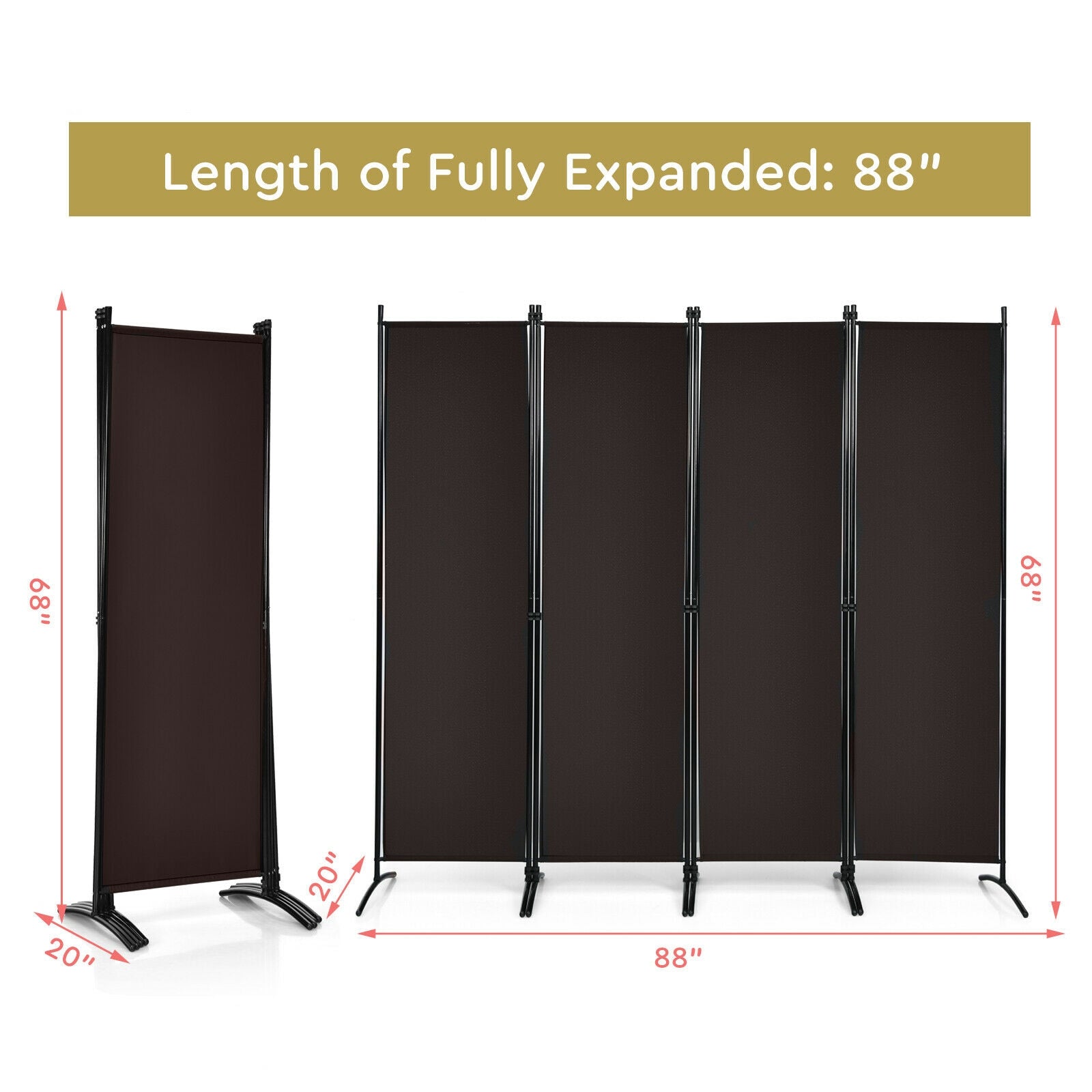 4-Panel Room Divider with Steel Frame, Brown Room Dividers at Gallery Canada
