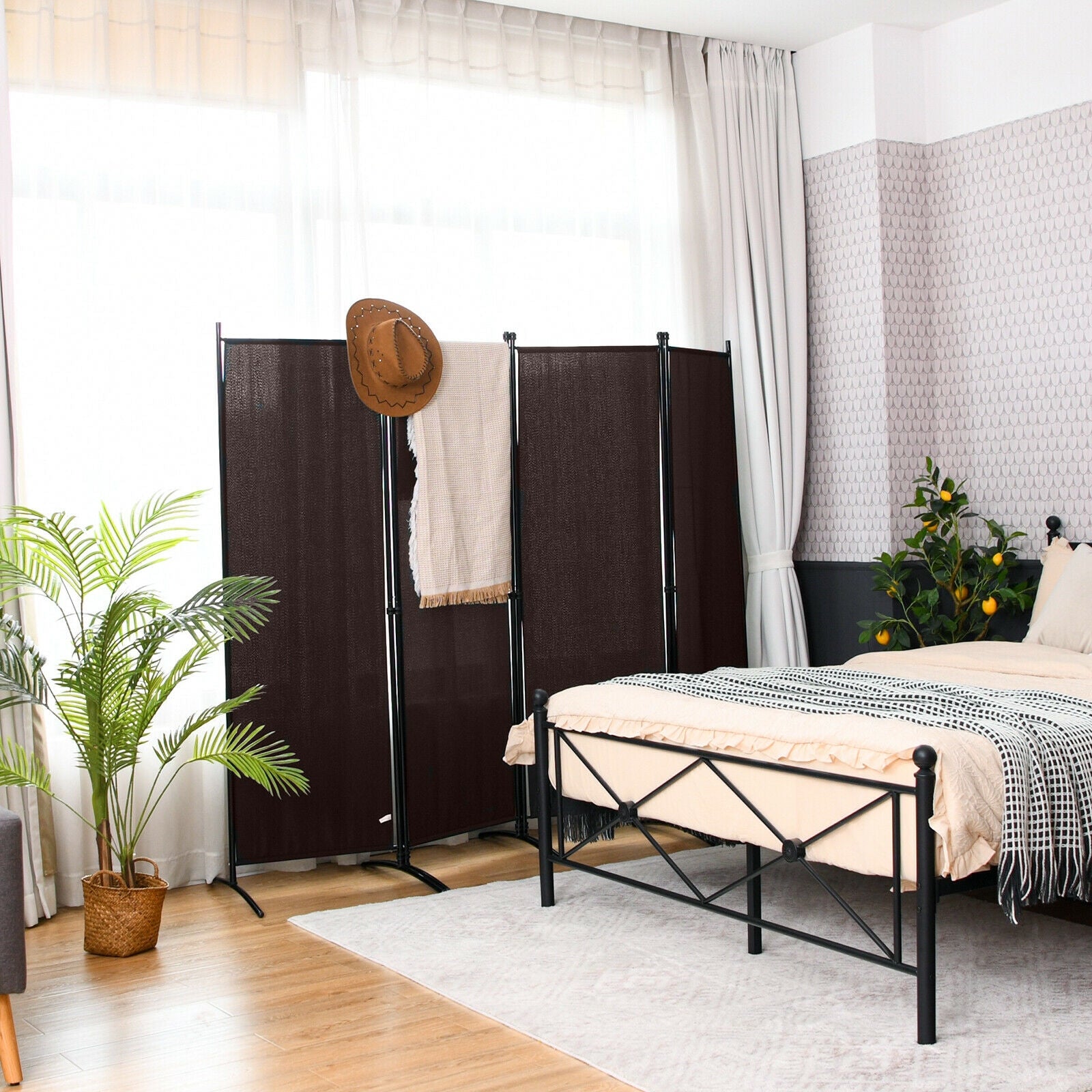4-Panel Room Divider with Steel Frame, Brown Room Dividers at Gallery Canada