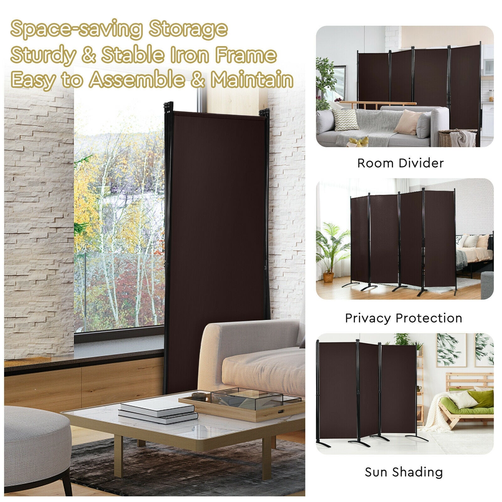4-Panel Room Divider with Steel Frame, Brown Room Dividers at Gallery Canada