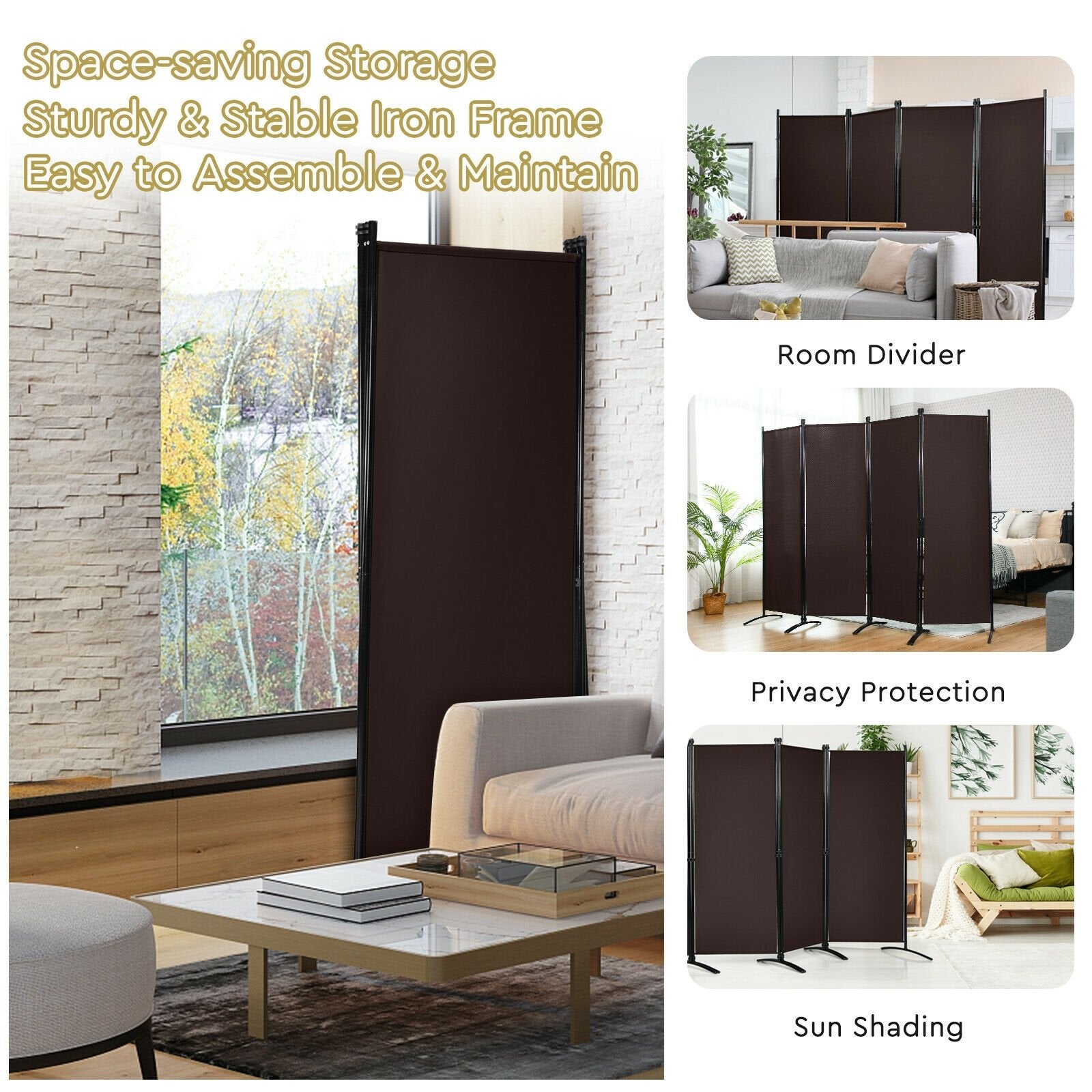 4-Panel  Room Divider with Steel Frame, Brown Room Dividers   at Gallery Canada