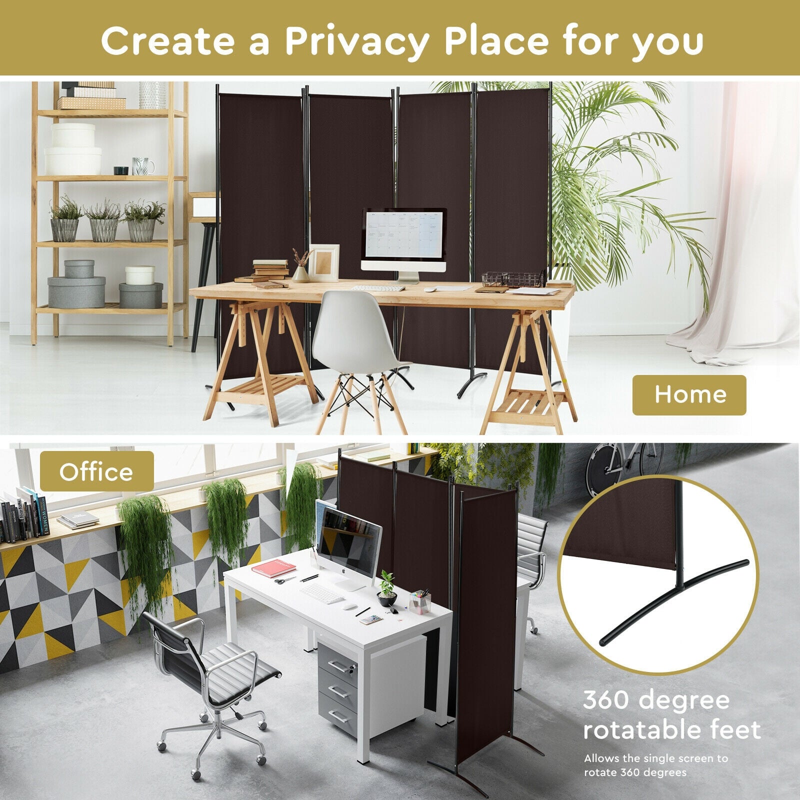 4-Panel Room Divider with Steel Frame, Brown Room Dividers at Gallery Canada