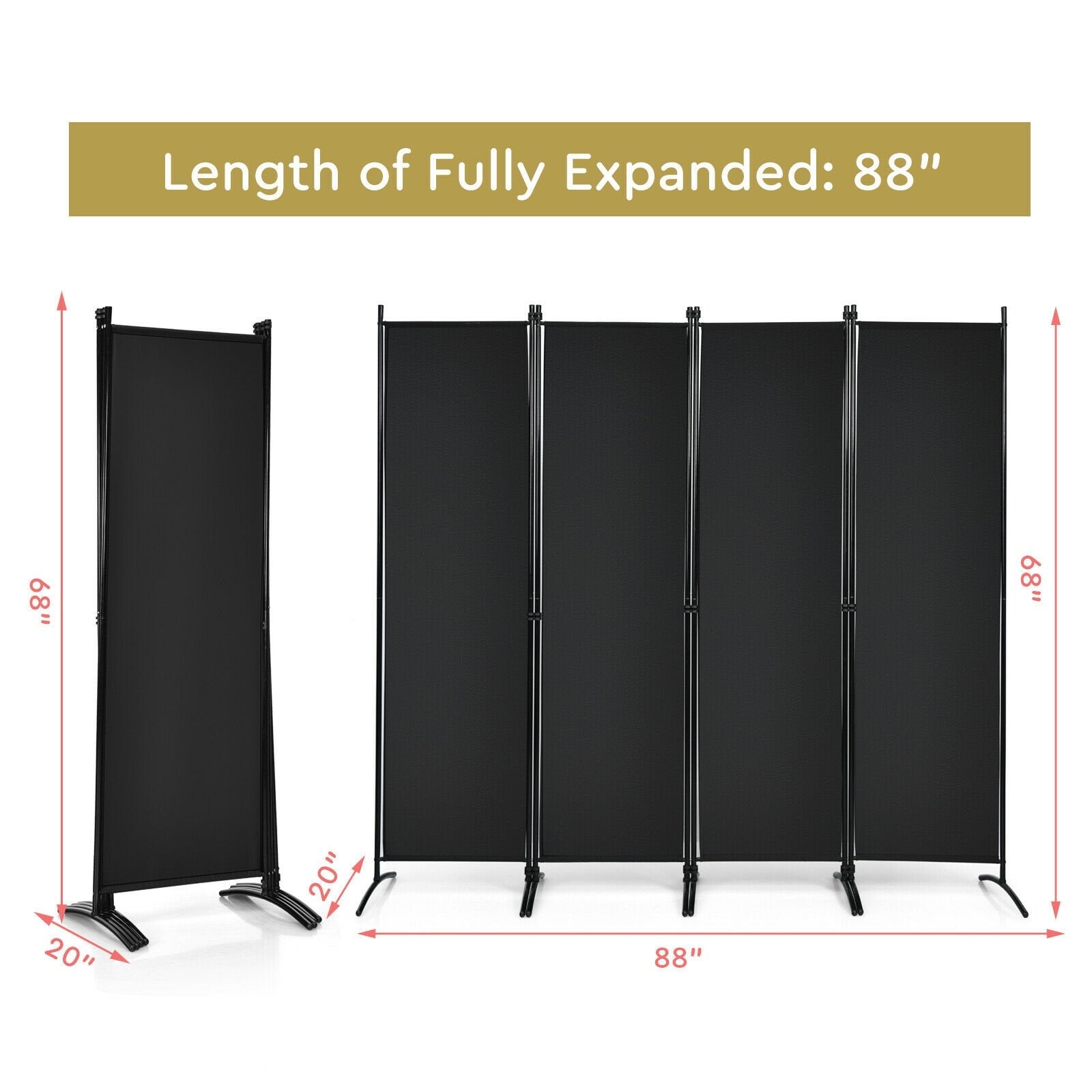 4-Panel  Room Divider with Steel Frame, Black Room Dividers   at Gallery Canada