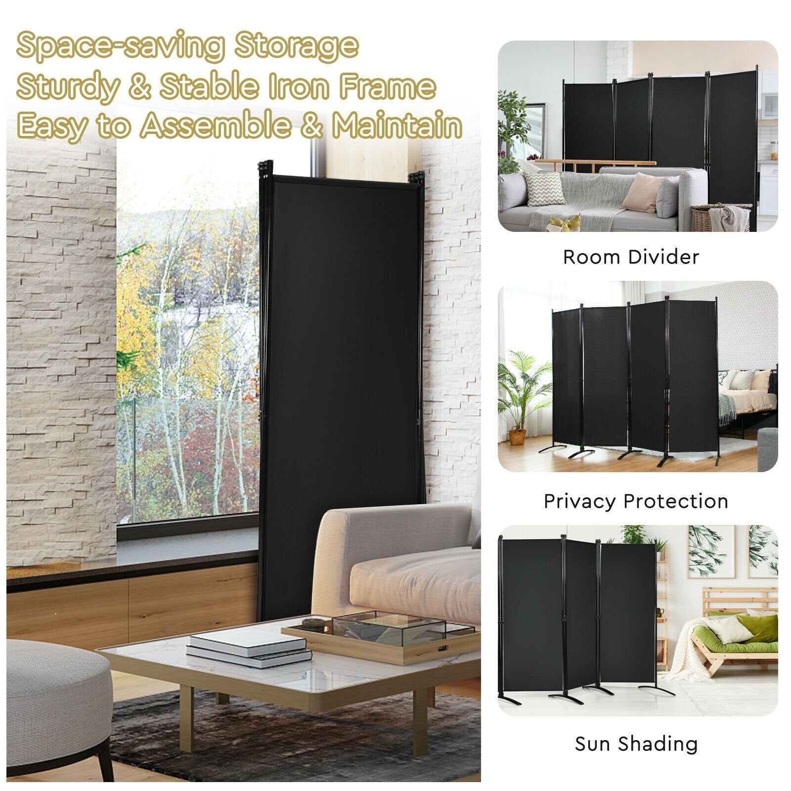 4-Panel  Room Divider with Steel Frame, Black Room Dividers   at Gallery Canada