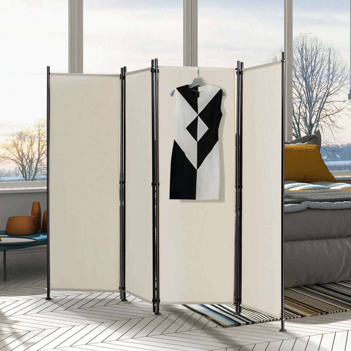 4-Panel Room Divider Folding Privacy Screen, Beige Room Dividers   at Gallery Canada