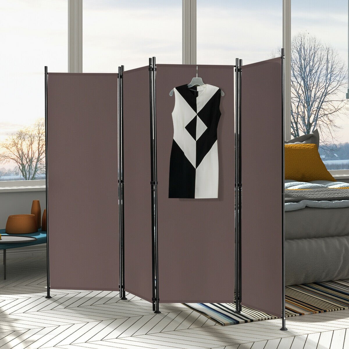 4-Panel Room Divider Folding Privacy Screen, Brown Room Dividers   at Gallery Canada