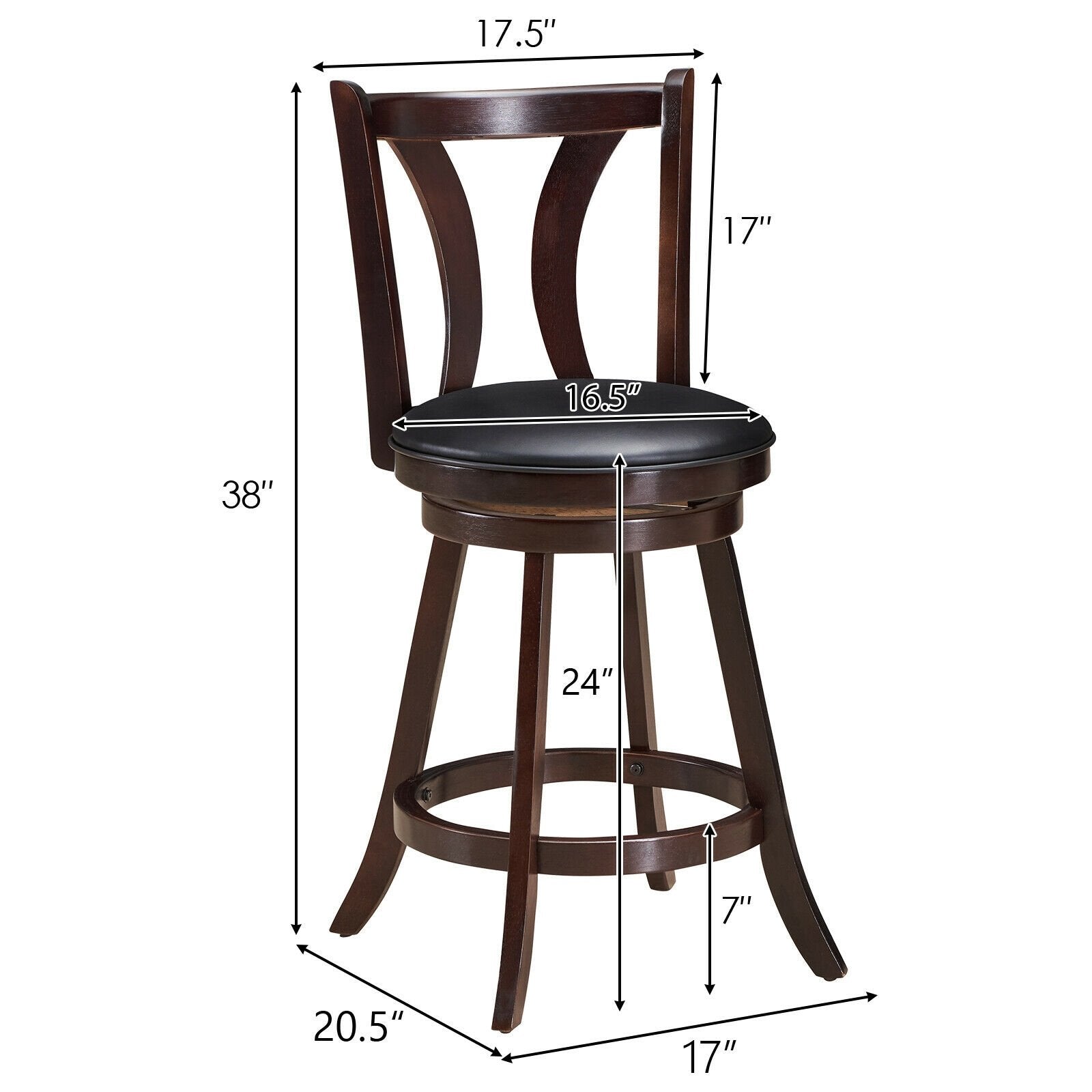 Set of 2 Swivel Bar stool 24 Inch Counter Height Leather Padded Dining Kitchen Chair-24 Inch, Brown Bar Stools   at Gallery Canada