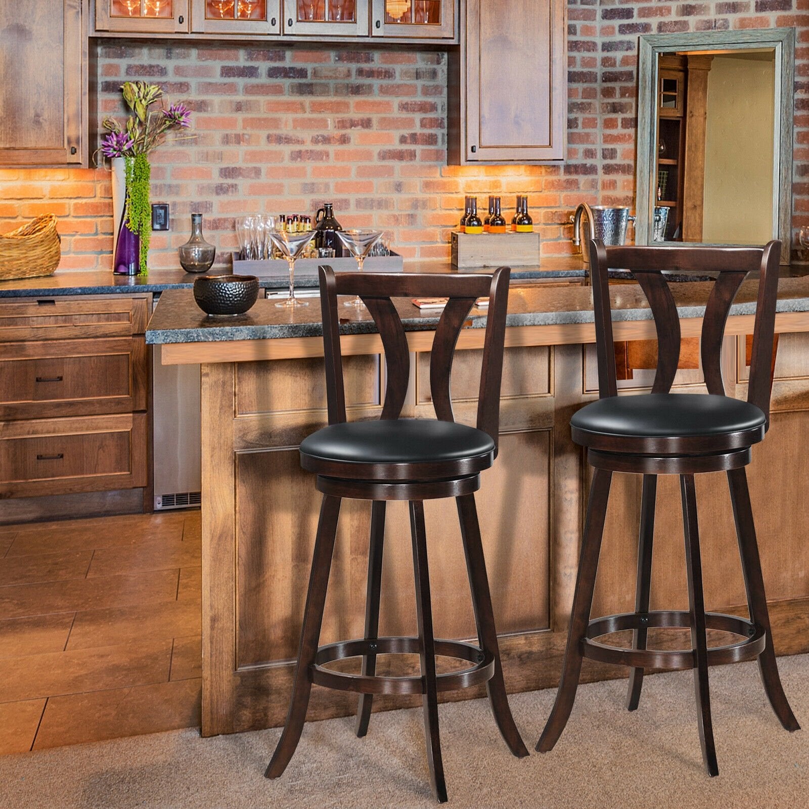 Set of 2 Swivel Bar Stools 29.5 Inch Bar Height Chairs with Rubber Wood Legs-29.5 Inch, Brown Bar Stools   at Gallery Canada