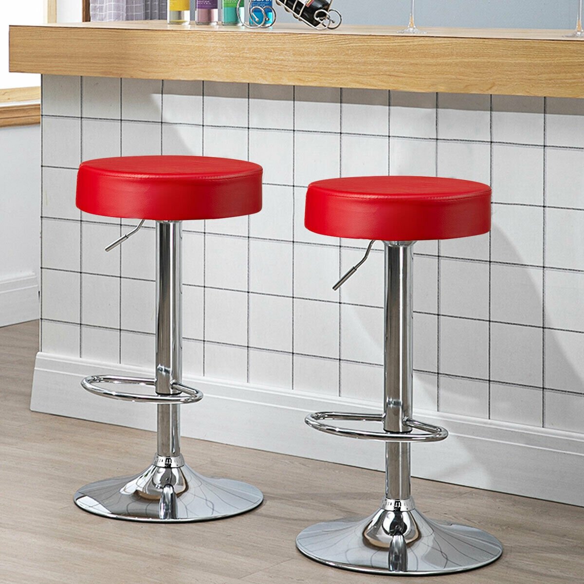 Set of 2 Adjustable Swivel Round Bar Stool  Pub Chairs, Red Bar Stools   at Gallery Canada