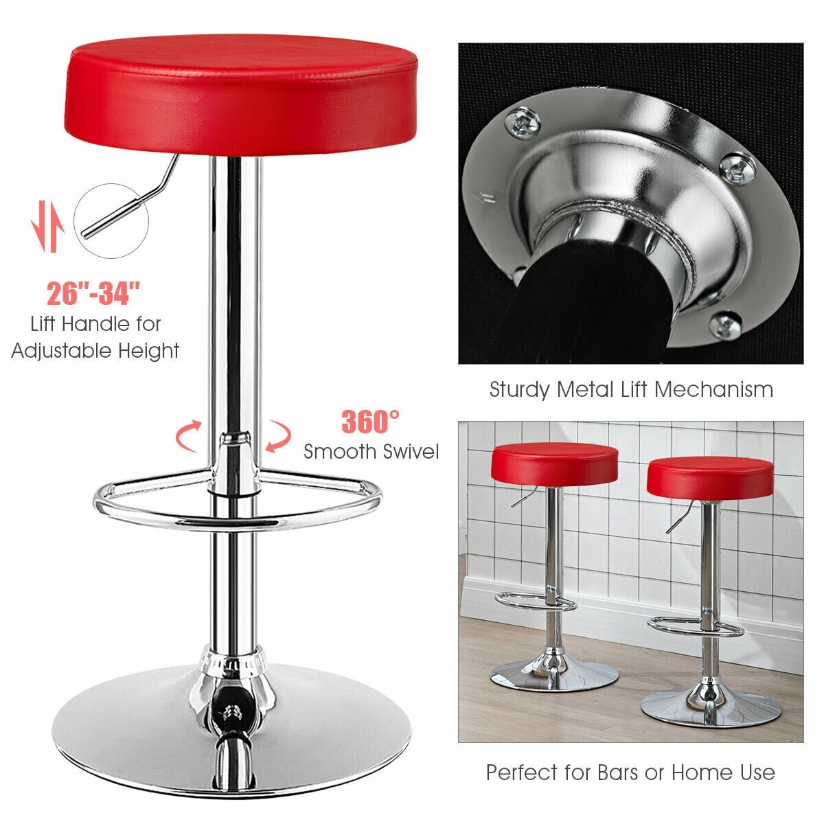 Set of 2 Adjustable Swivel Round Bar Stool  Pub Chairs, Red Bar Stools   at Gallery Canada