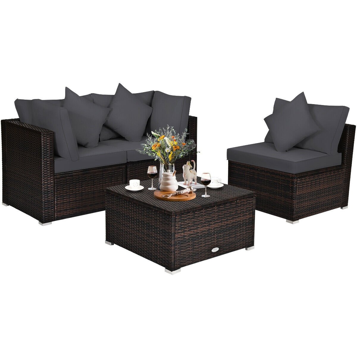 4 Pieces Ottoman Garden Patio Rattan Wicker Furniture Set with Cushion, Gray Outdoor Sectionals   at Gallery Canada