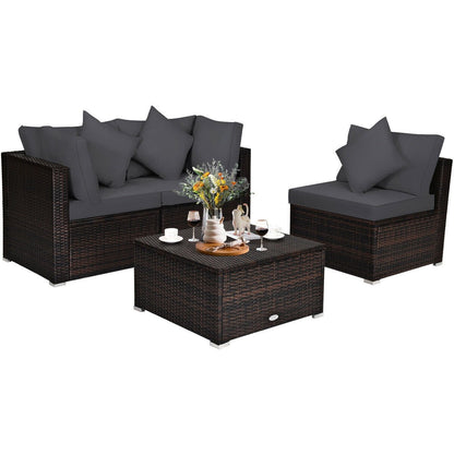 4 Pieces Ottoman Garden Patio Rattan Wicker Furniture Set with Cushion, Gray - Gallery Canada