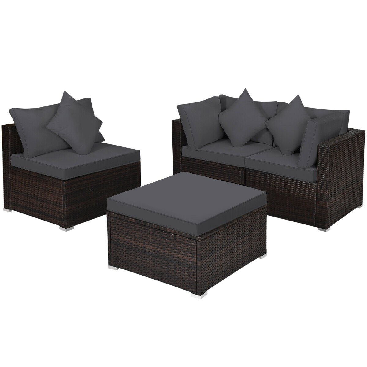 4 Pieces Ottoman Garden Patio Rattan Wicker Furniture Set with Cushion, Gray Outdoor Sectionals   at Gallery Canada