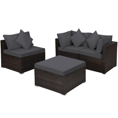 4 Pieces Ottoman Garden Patio Rattan Wicker Furniture Set with Cushion, Gray - Gallery Canada