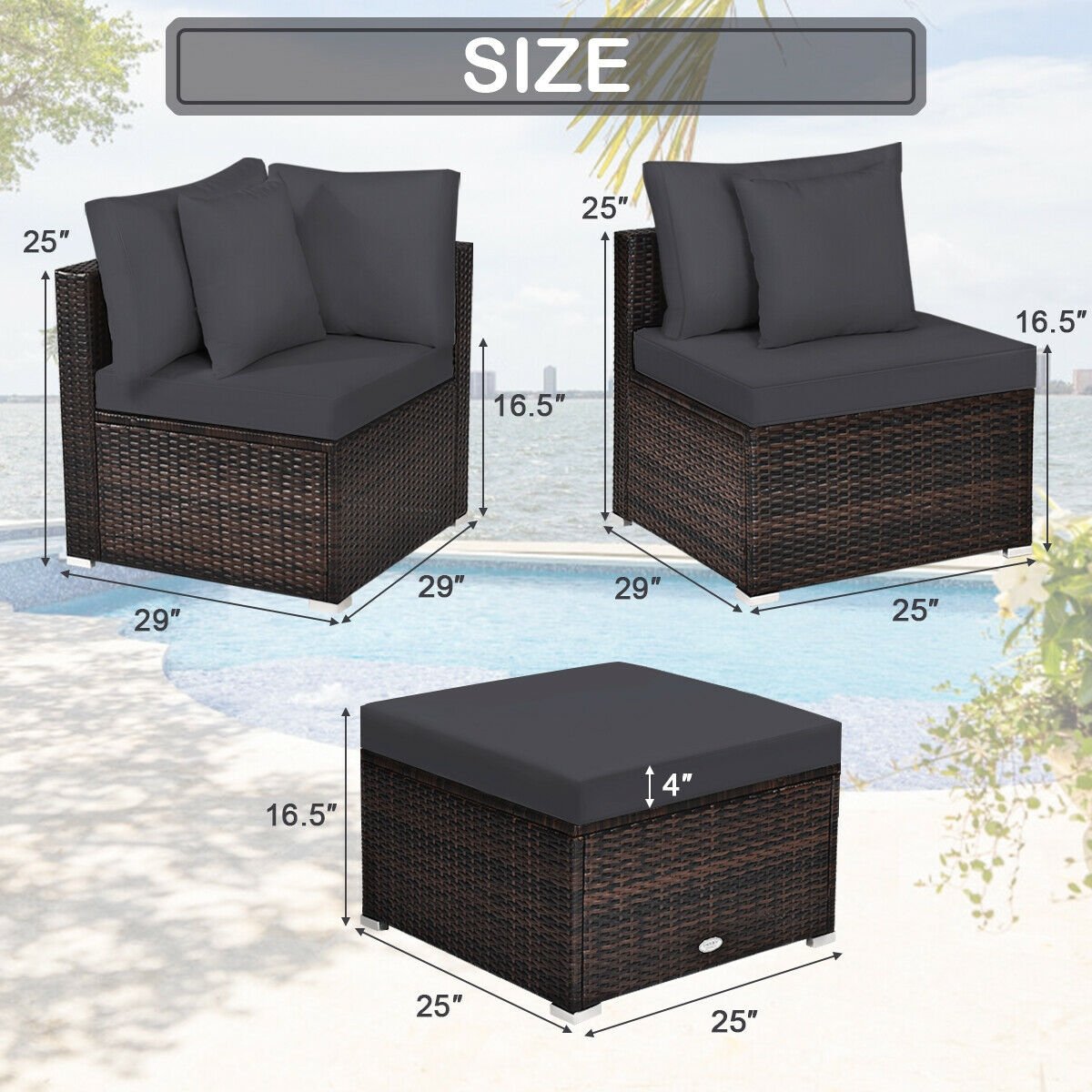 4 Pieces Ottoman Garden Patio Rattan Wicker Furniture Set with Cushion, Gray - Gallery Canada