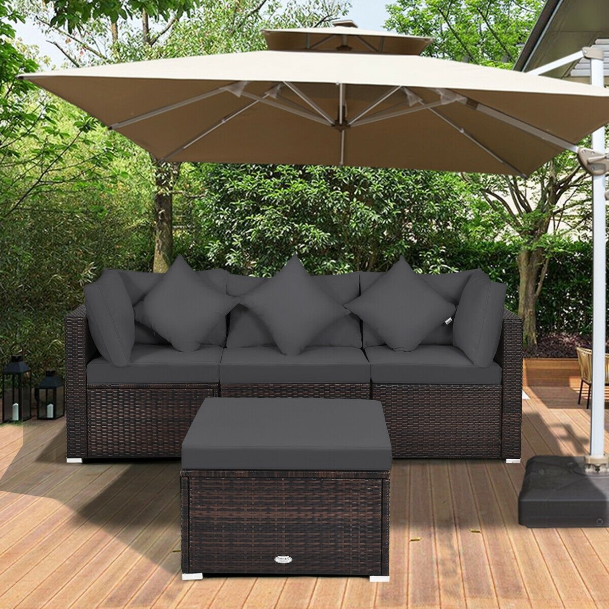 4 Pieces Ottoman Garden Patio Rattan Wicker Furniture Set with Cushion, Gray Outdoor Sectionals   at Gallery Canada