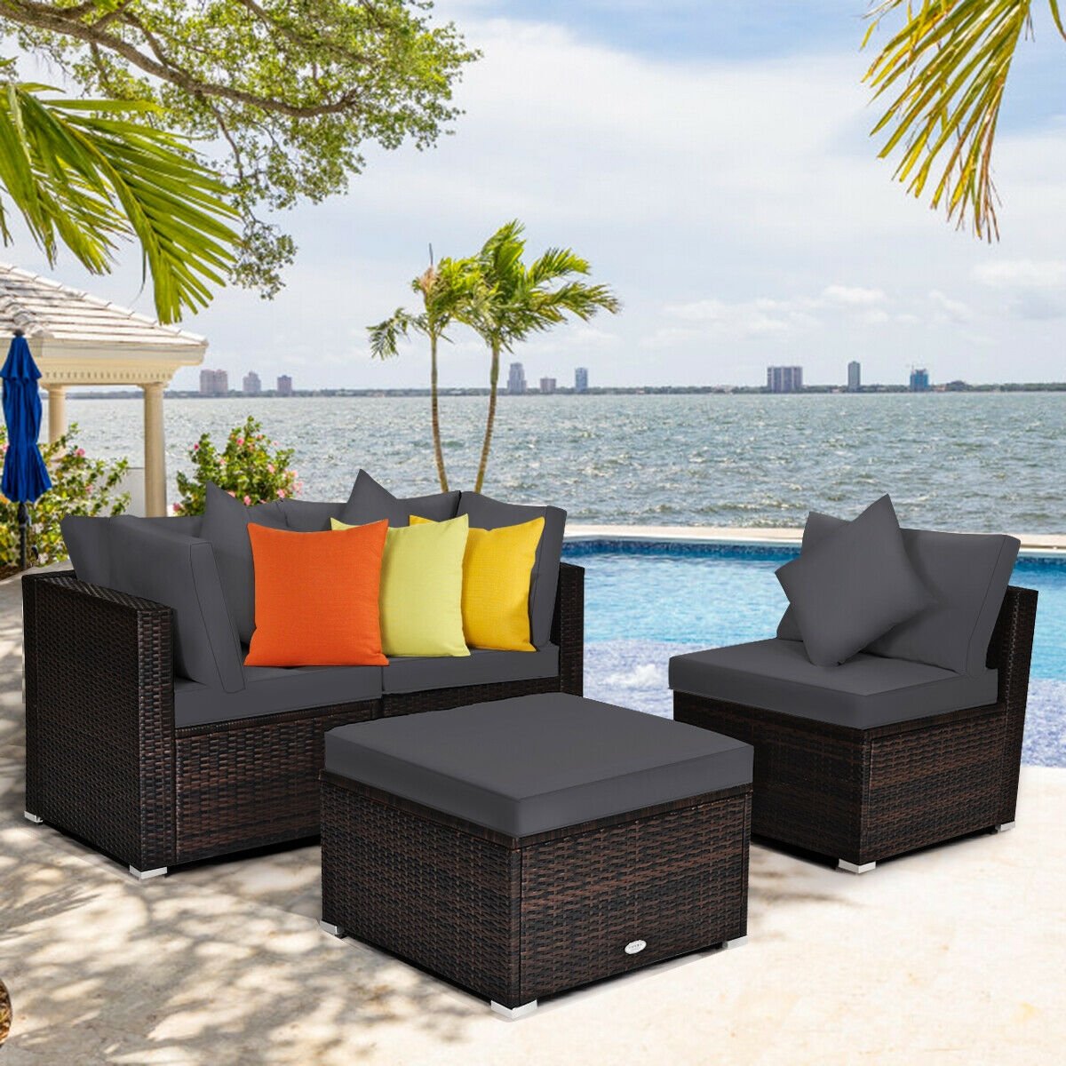 4 Pieces Ottoman Garden Patio Rattan Wicker Furniture Set with Cushion, Gray - Gallery Canada