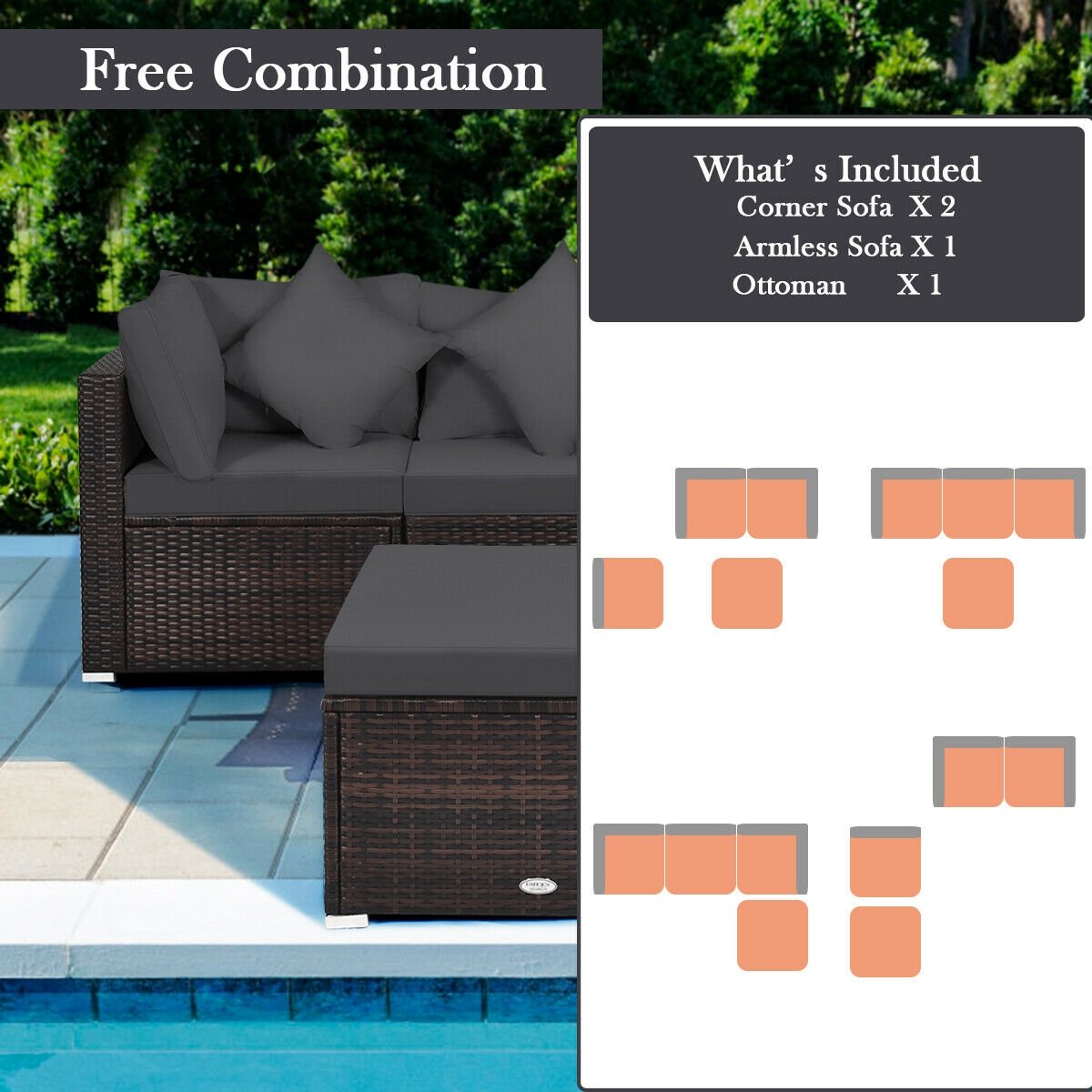 4 Pieces Ottoman Garden Patio Rattan Wicker Furniture Set with Cushion, Gray Outdoor Sectionals   at Gallery Canada