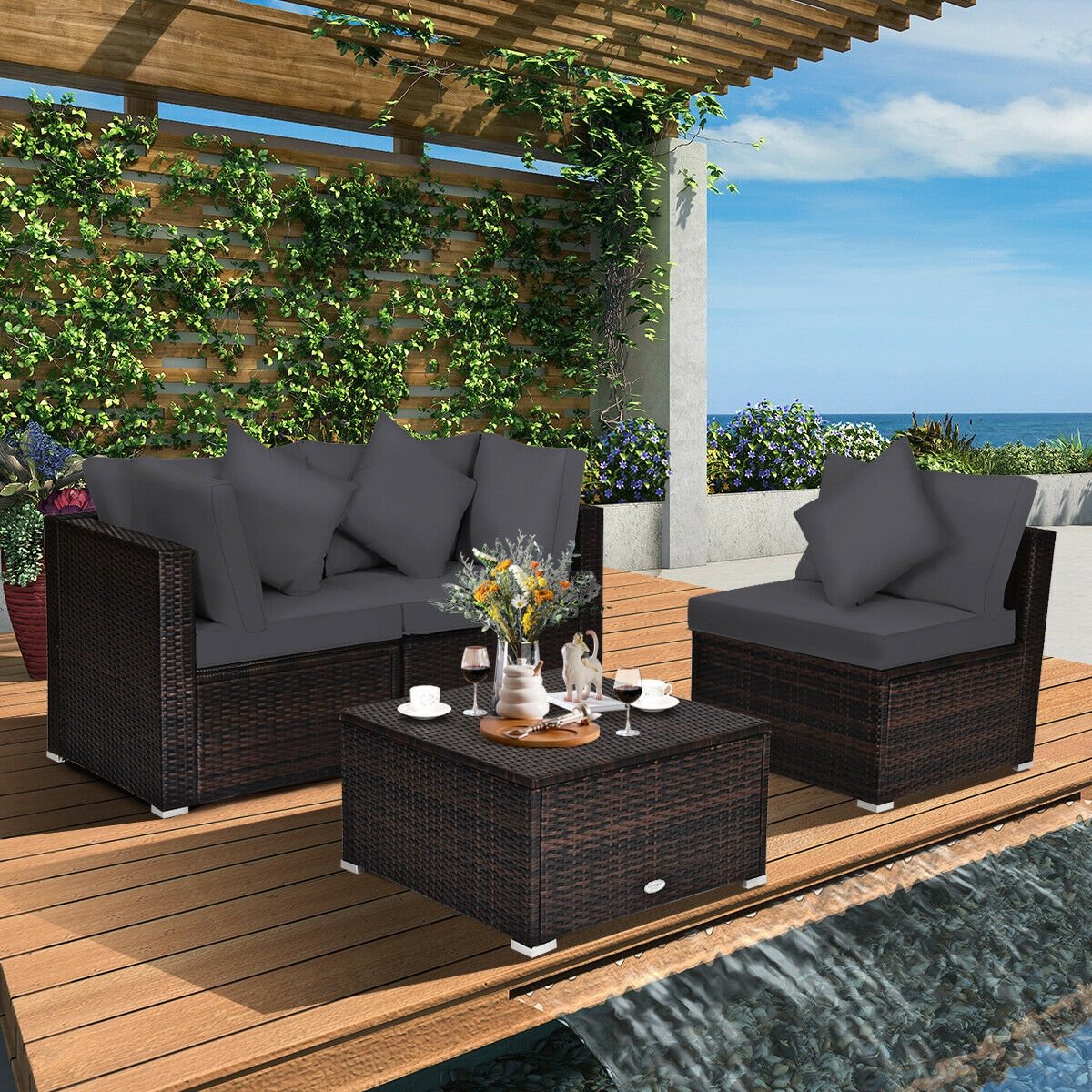 4 Pieces Ottoman Garden Patio Rattan Wicker Furniture Set with Cushion, Gray - Gallery Canada