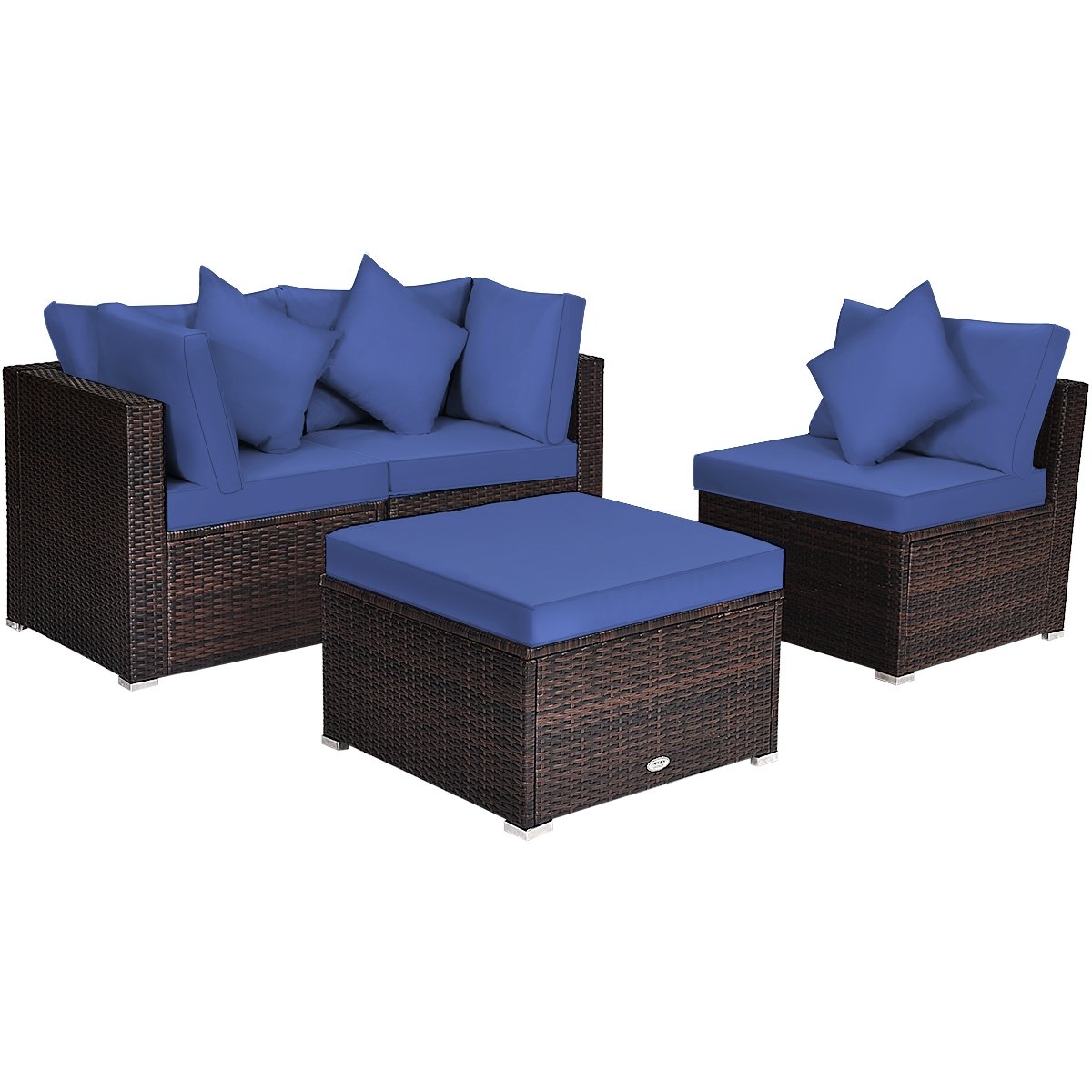 4 Pieces Ottoman Garden Patio Rattan Wicker Furniture Set with Cushion, Navy Outdoor Sectionals   at Gallery Canada