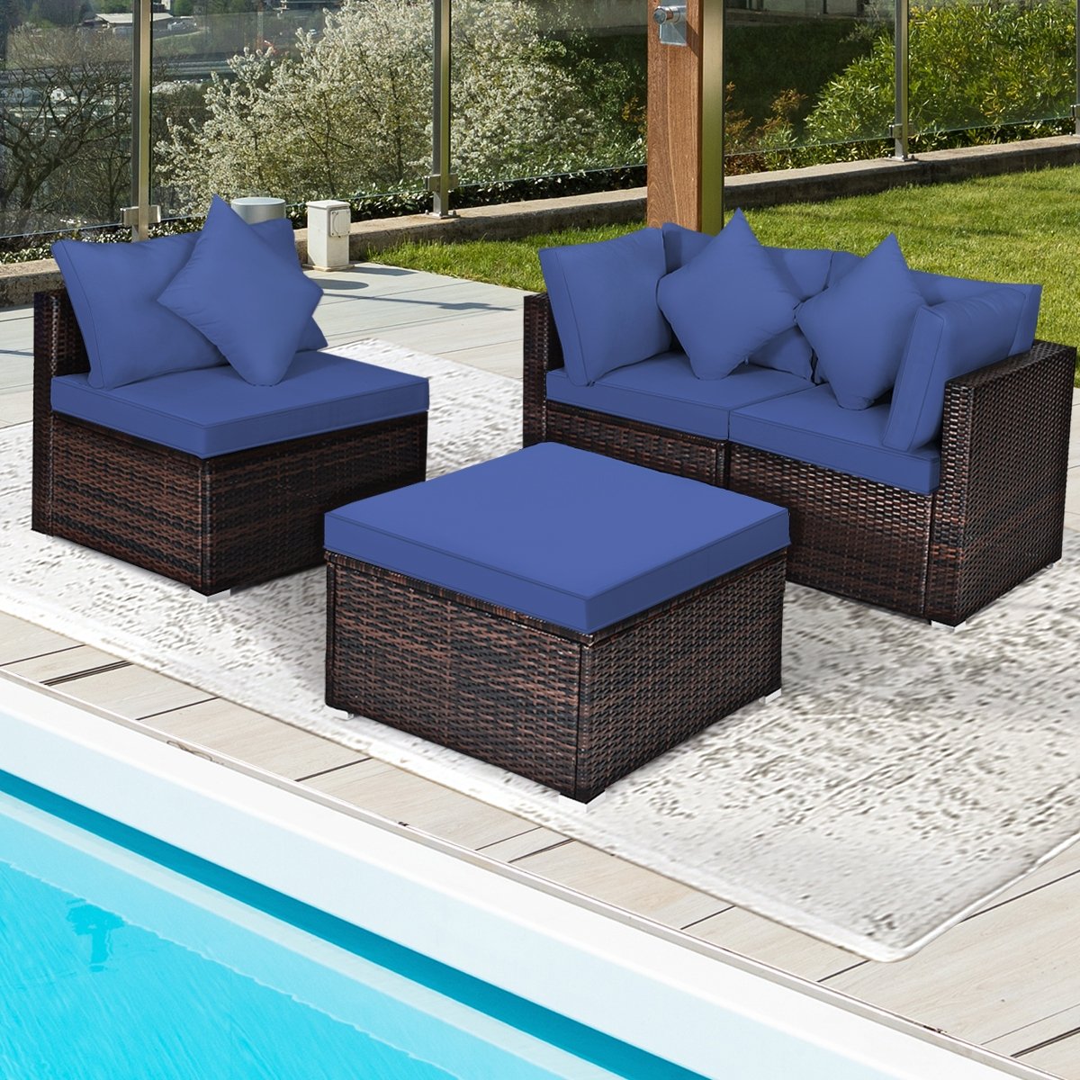 4 Pieces Ottoman Garden Patio Rattan Wicker Furniture Set with Cushion, Navy Outdoor Sectionals   at Gallery Canada