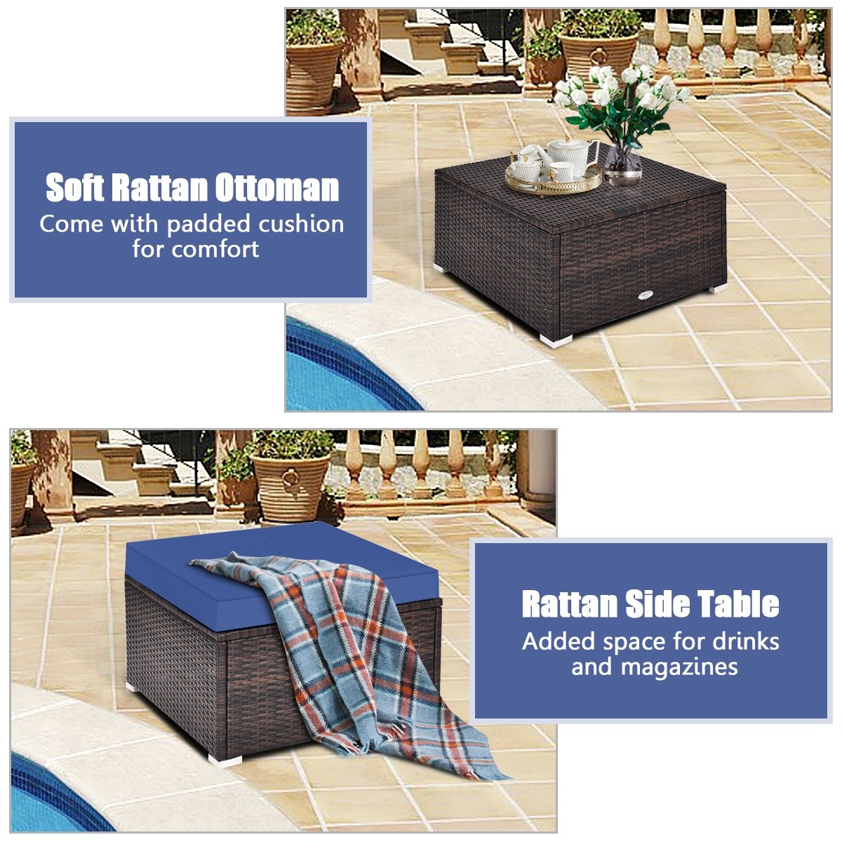 4 Pieces Ottoman Garden Patio Rattan Wicker Furniture Set with Cushion, Navy Outdoor Sectionals   at Gallery Canada