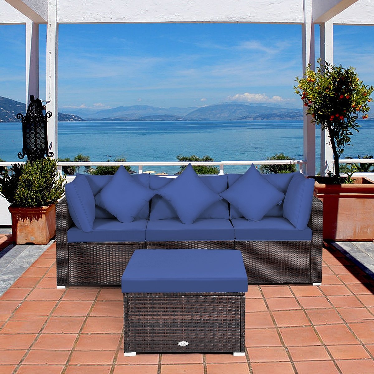 4 Pieces Ottoman Garden Patio Rattan Wicker Furniture Set with Cushion, Navy Outdoor Sectionals   at Gallery Canada