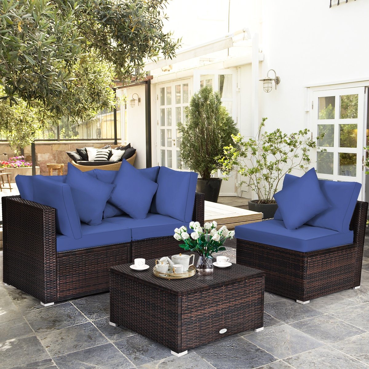 4 Pieces Ottoman Garden Patio Rattan Wicker Furniture Set with Cushion, Navy Outdoor Sectionals   at Gallery Canada