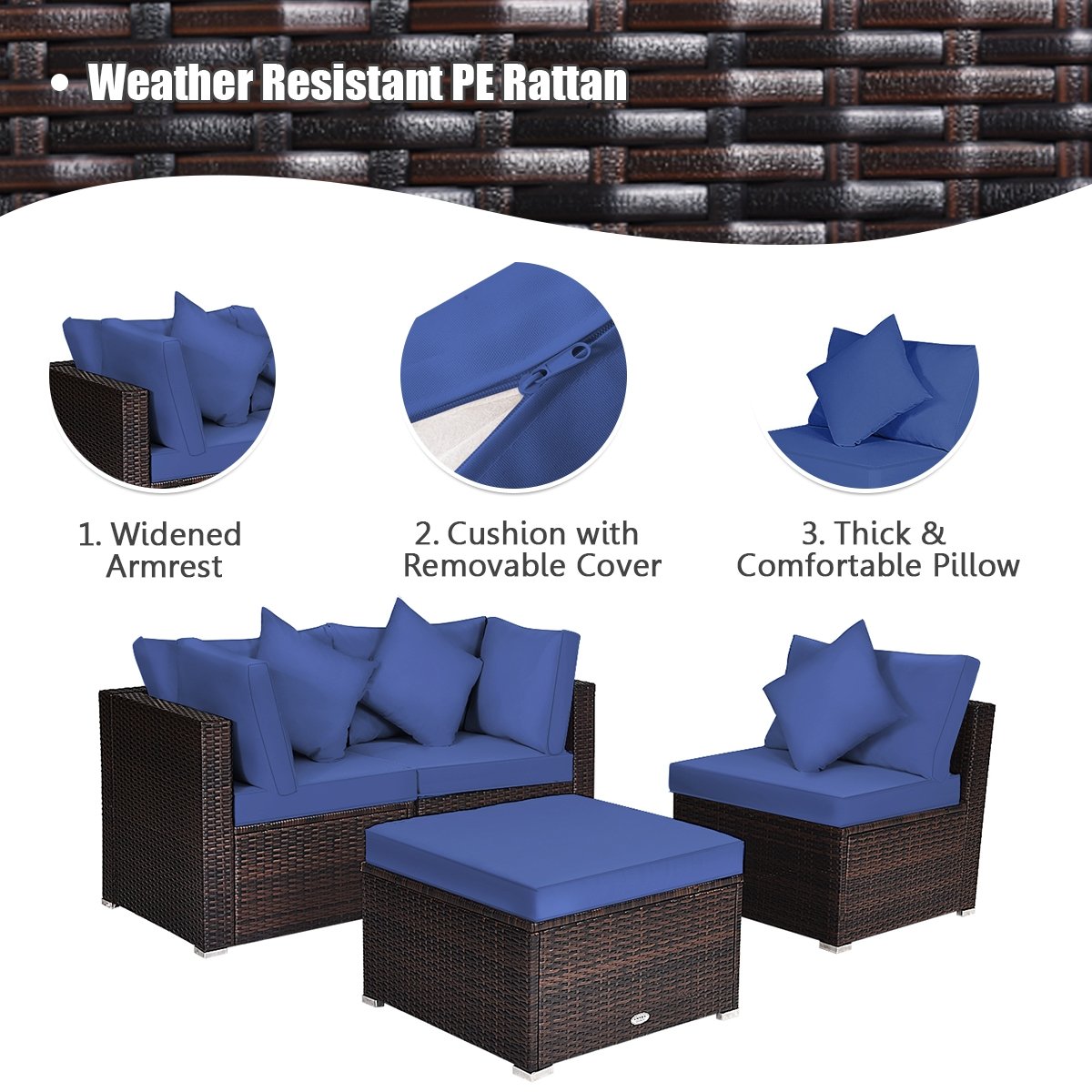 4 Pieces Ottoman Garden Patio Rattan Wicker Furniture Set with Cushion, Navy Outdoor Sectionals   at Gallery Canada