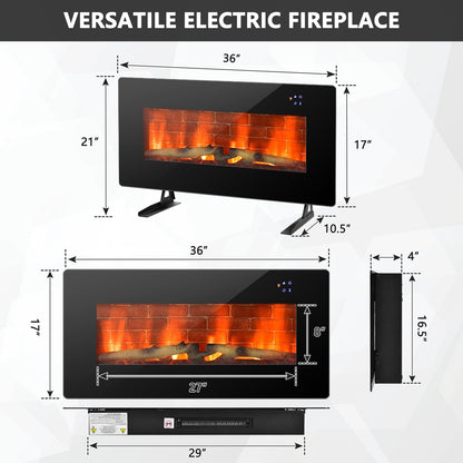 36 Inch Electric Wall Mounted Freestanding Fireplace with Remote Control, Black Fireplaces   at Gallery Canada