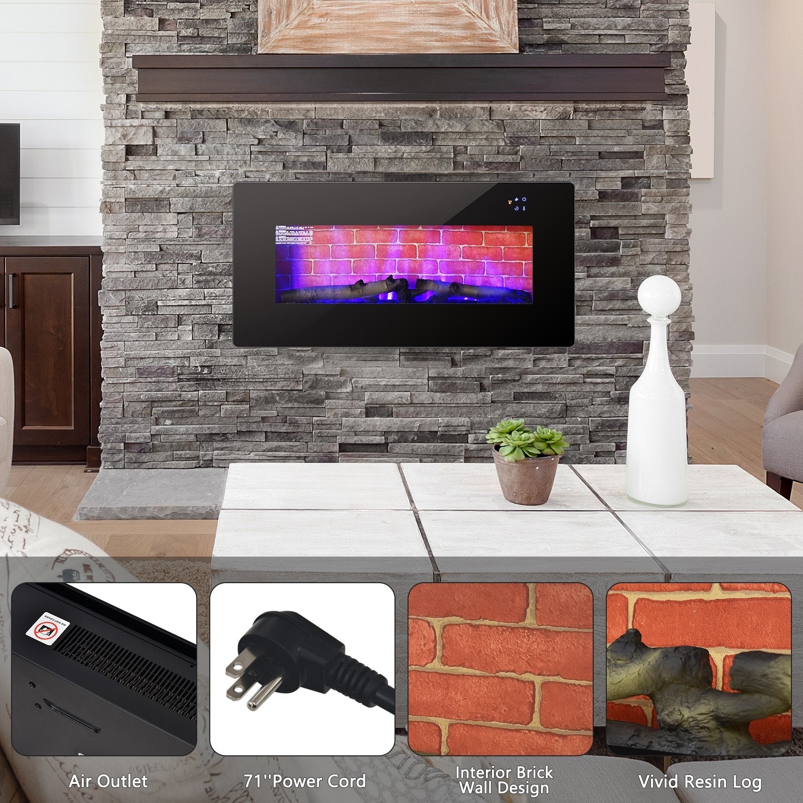 36 Inch Electric Wall Mounted Freestanding Fireplace with Remote Control, Black Fireplaces   at Gallery Canada