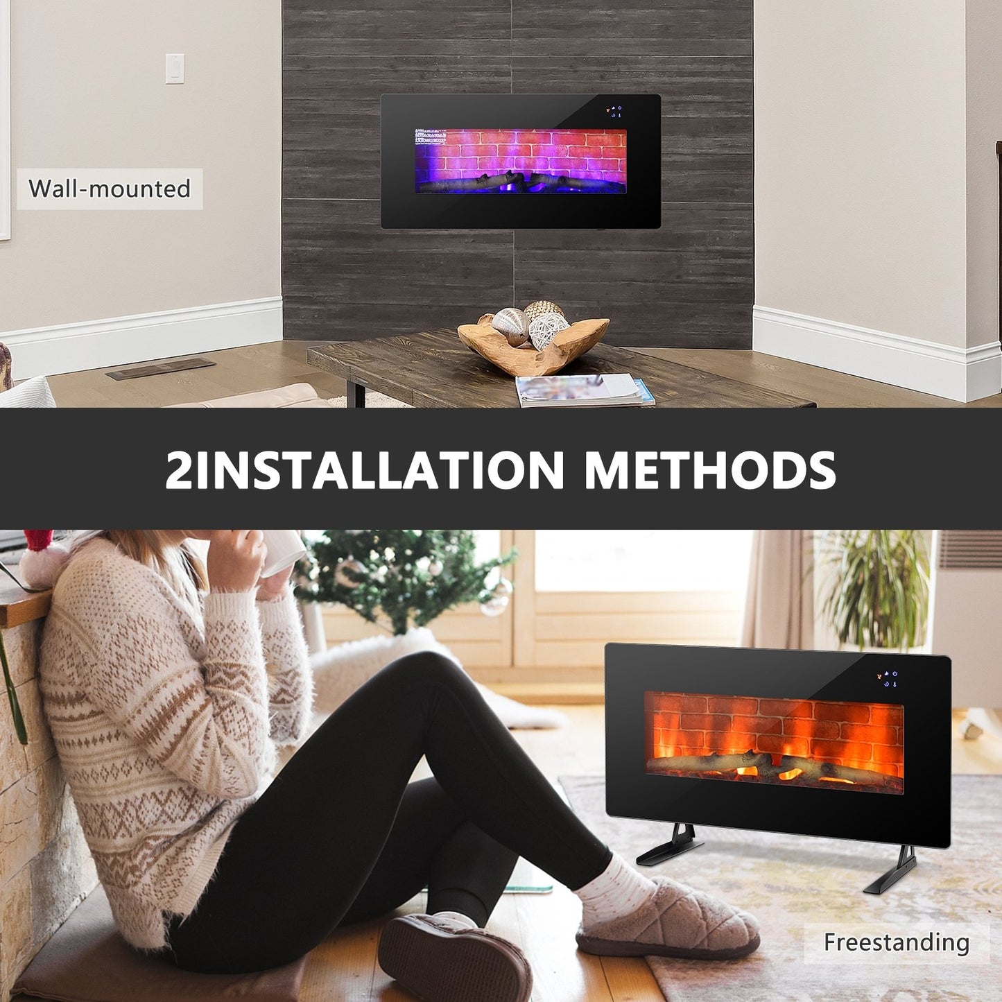 36 Inch Electric Wall Mounted Freestanding Fireplace with Remote Control, Black - Gallery Canada