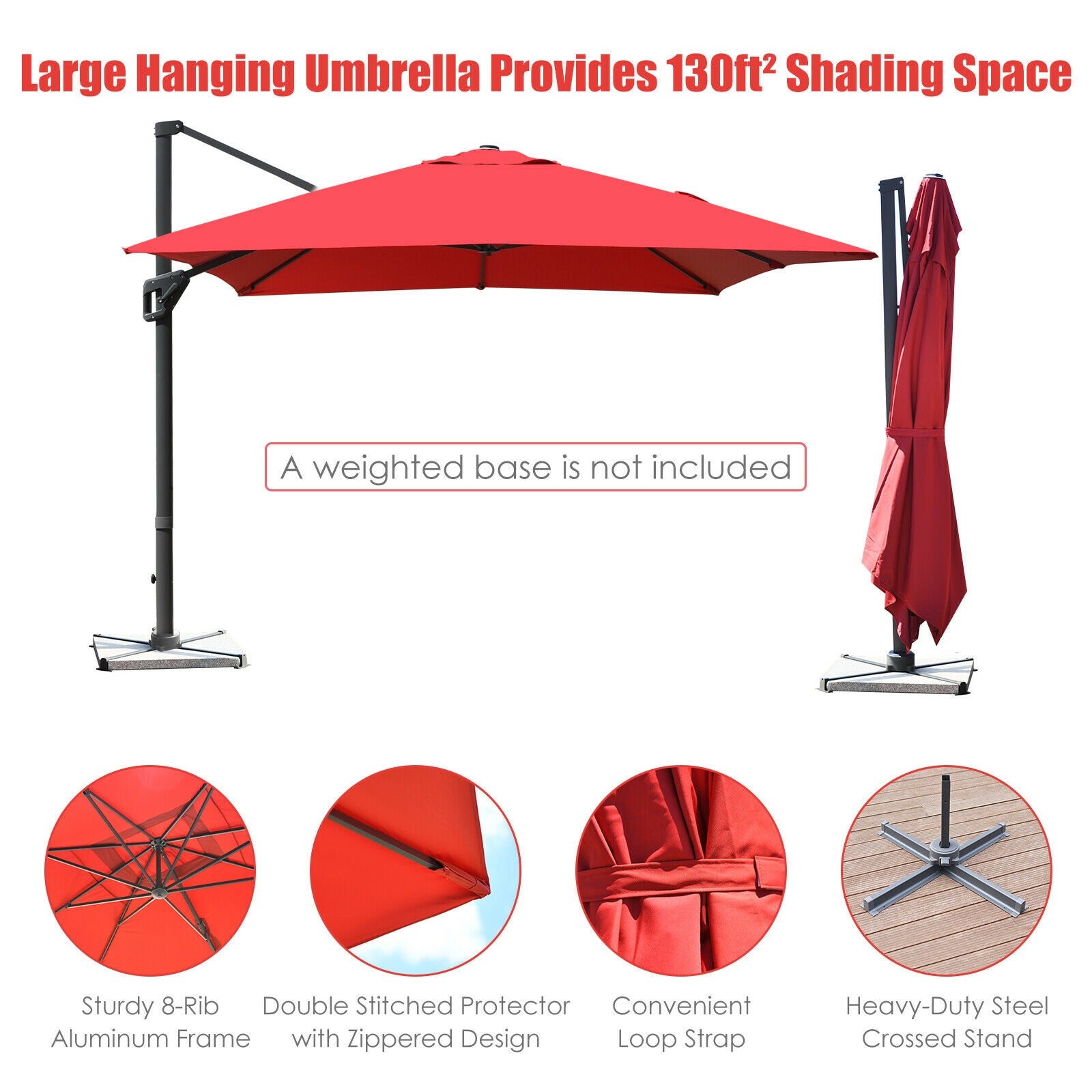 10 x13 Feet Rectangular Cantilever Umbrella with 360° Rotation Function, Red Outdoor Umbrellas   at Gallery Canada