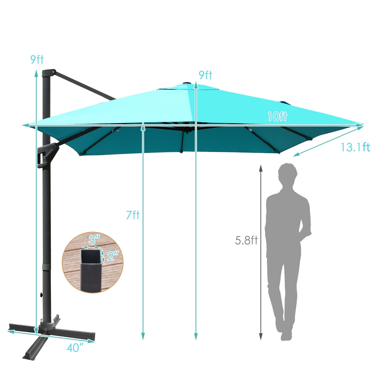 10 x13 Feet Rectangular Cantilever Umbrella with 360° Rotation Function, Turquoise Outdoor Umbrellas   at Gallery Canada