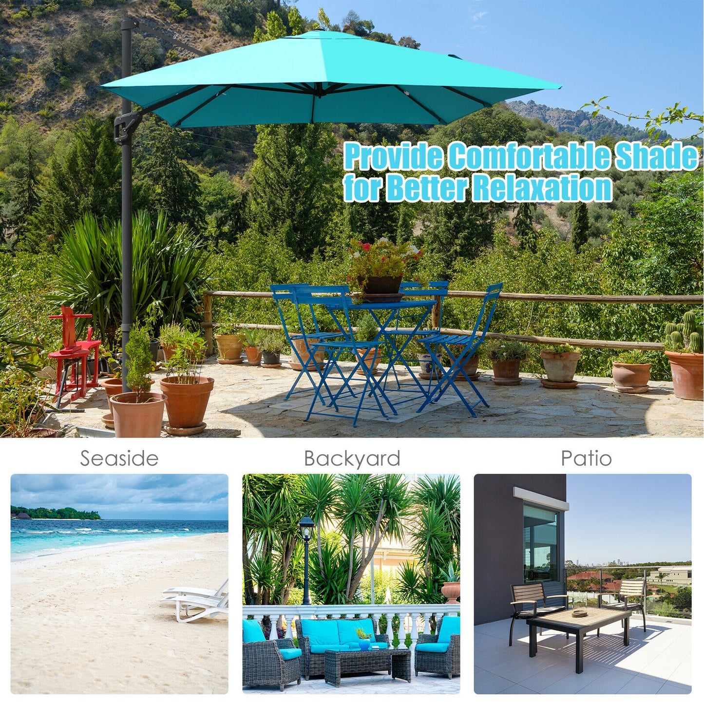 10 x13 Feet Rectangular Cantilever Umbrella with 360° Rotation Function, Turquoise Outdoor Umbrellas   at Gallery Canada