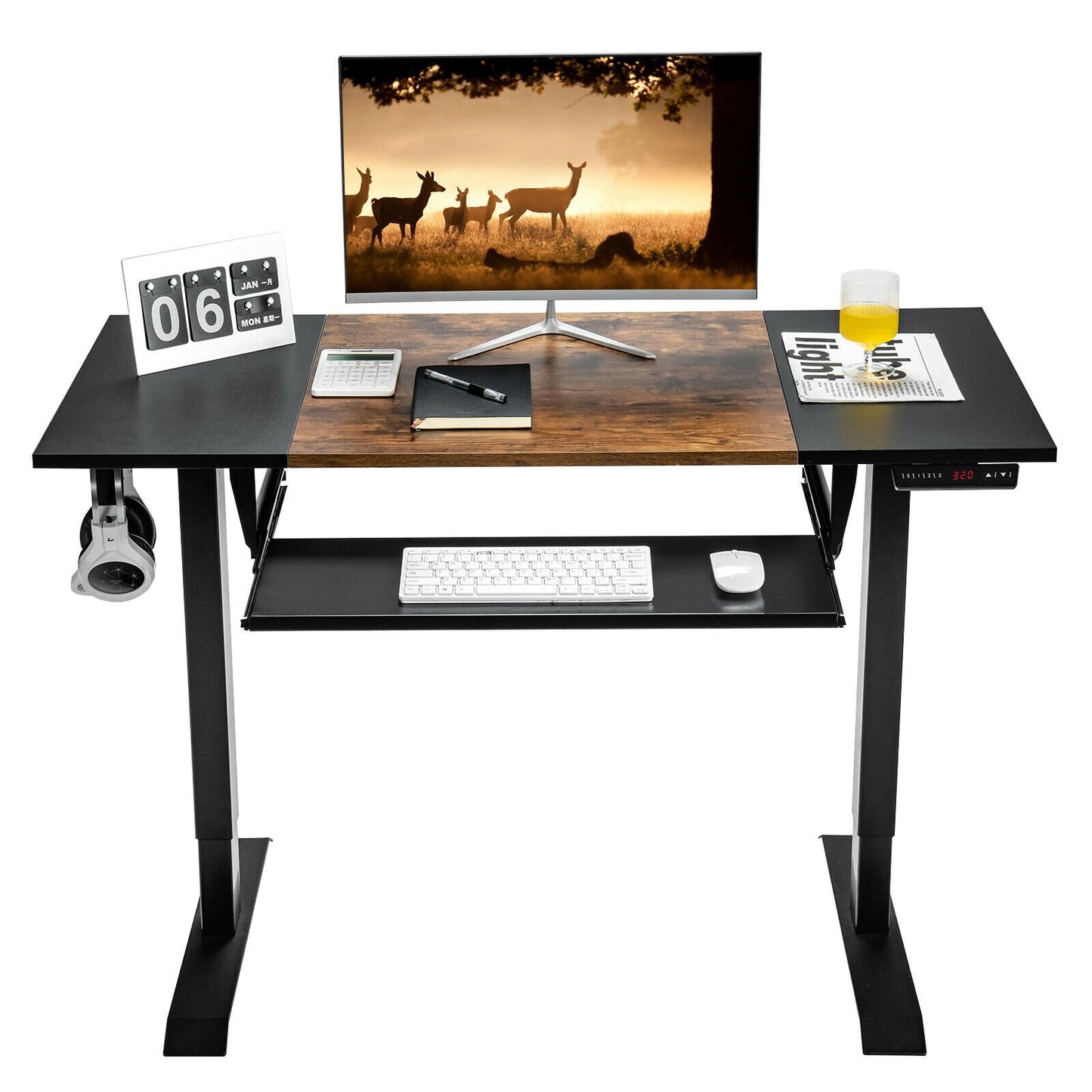 48 Inch Electric Sit to Stand Desk with Keyboard Tray, Rustic Brown Standing Desks   at Gallery Canada